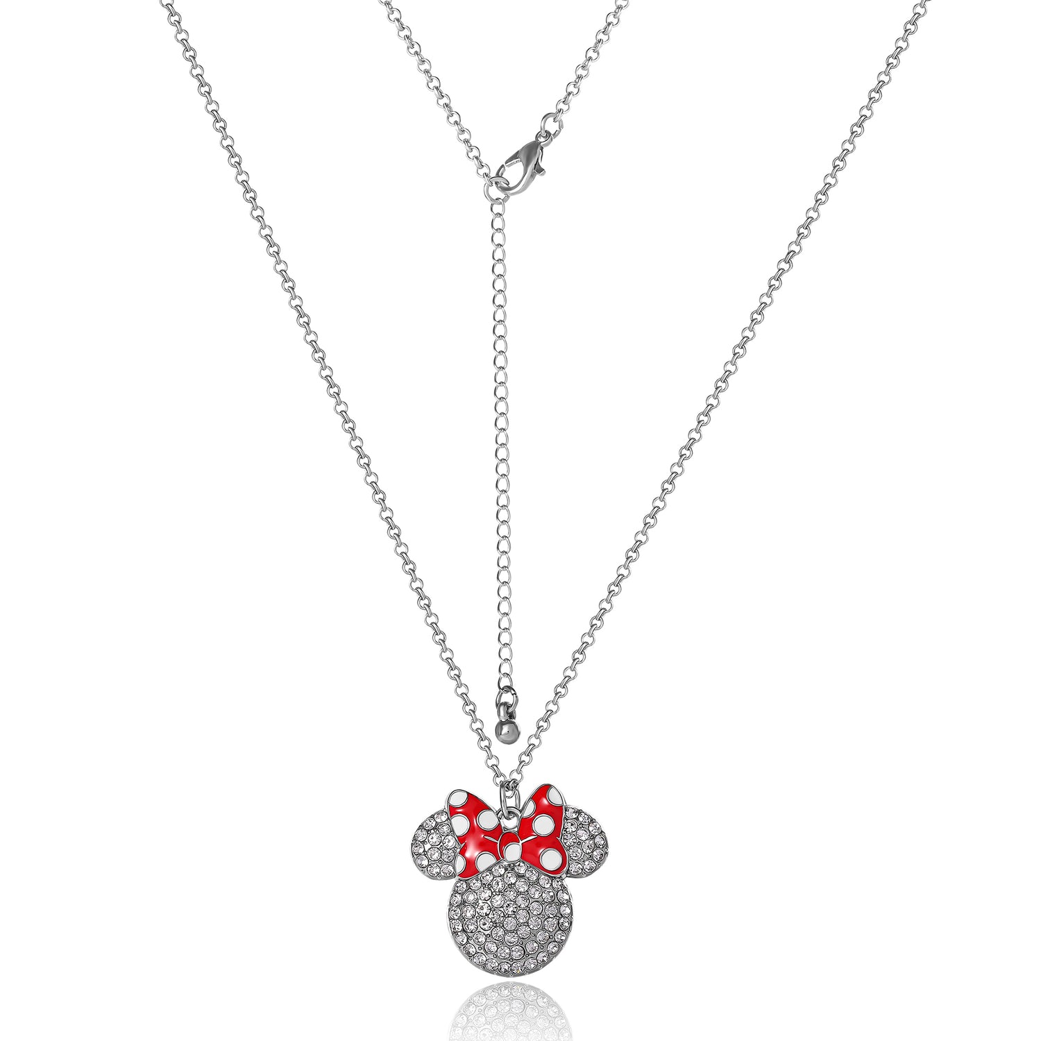 Disney Minnie Mouse Necklace for Women Official License, 16"+3" Pave Clear Crystal Minnie Necklace with Red Bow, Jewelry - White
