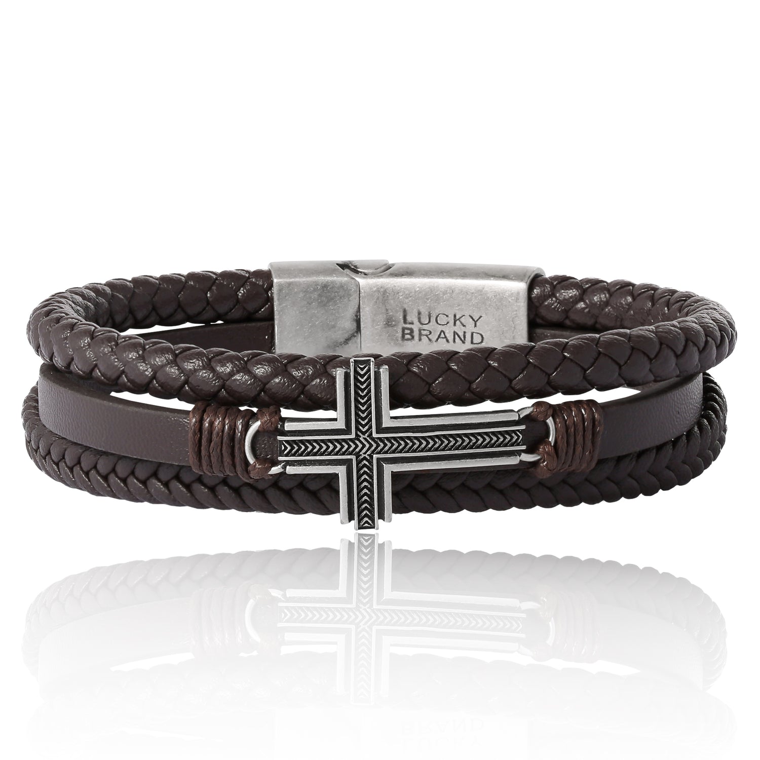 Lucky Brand Textured Cross Triple Row Brown Bracelet for Men 8.5", Antique Silver Flash-Plated, Cross Jewelry