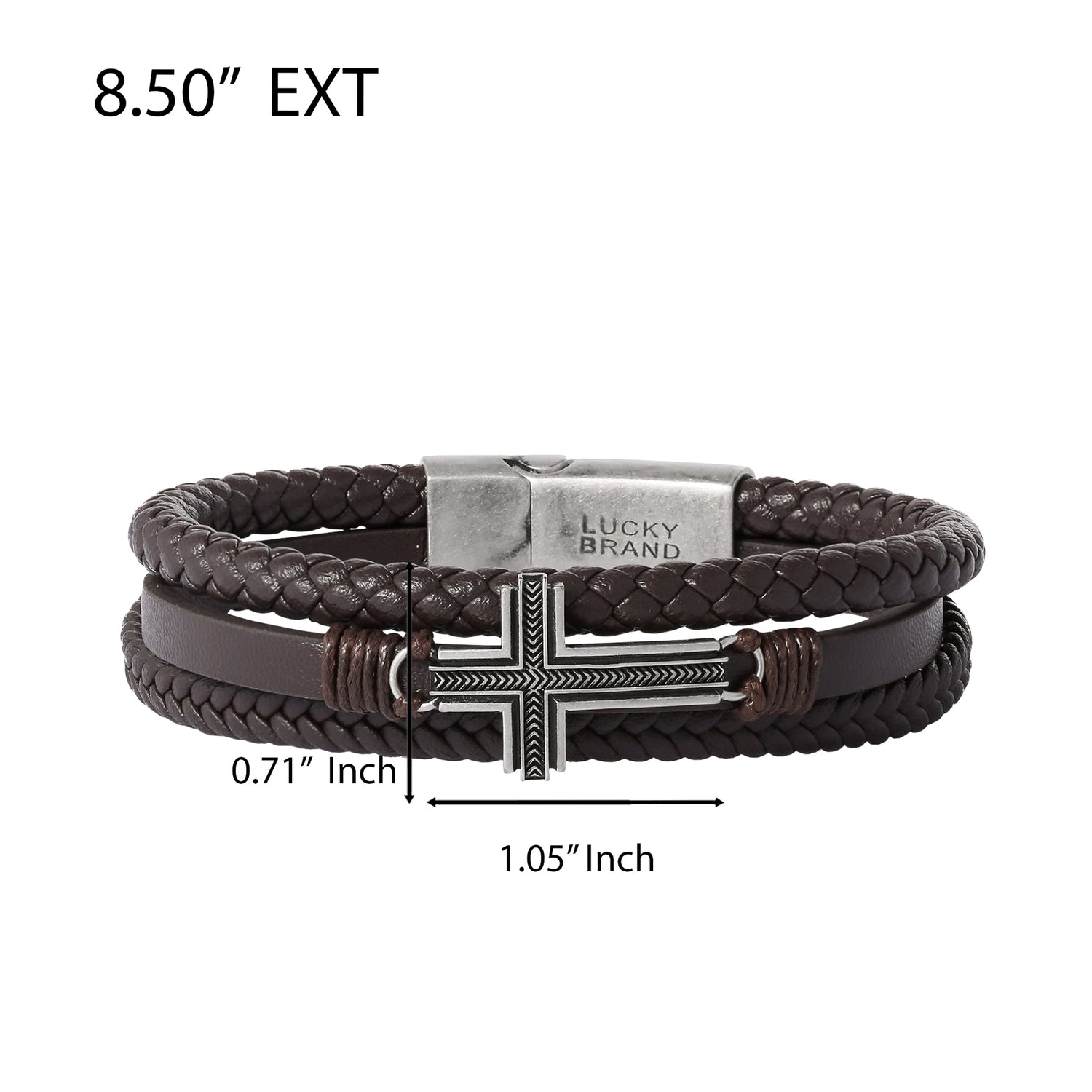 Lucky Brand Textured Cross Triple Row Brown Bracelet for Men 8.5", Antique Silver Flash-Plated, Cross Jewelry