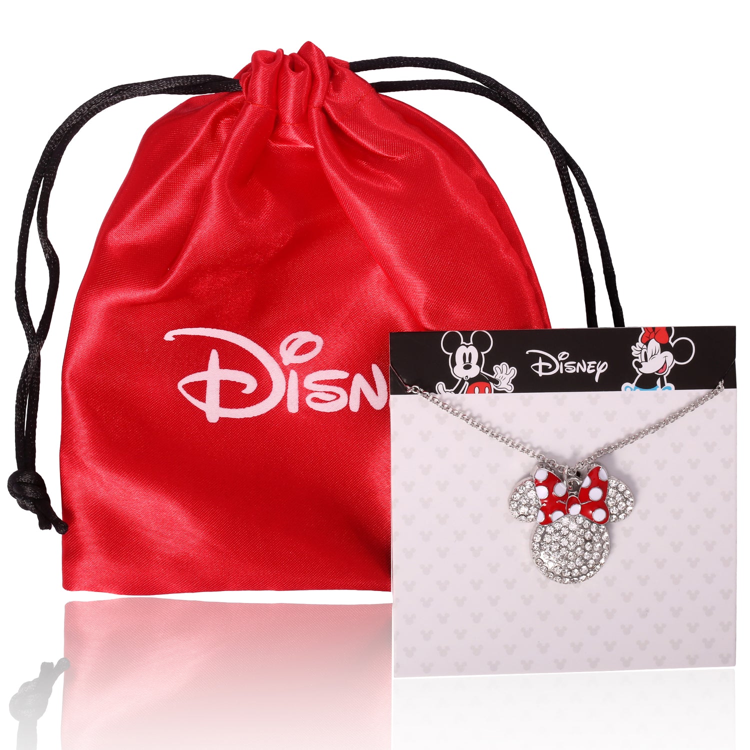 Disney Minnie Mouse Necklace for Women Official License, 16"+3" Pave Clear Crystal Minnie Necklace with Red Bow, Jewelry - White