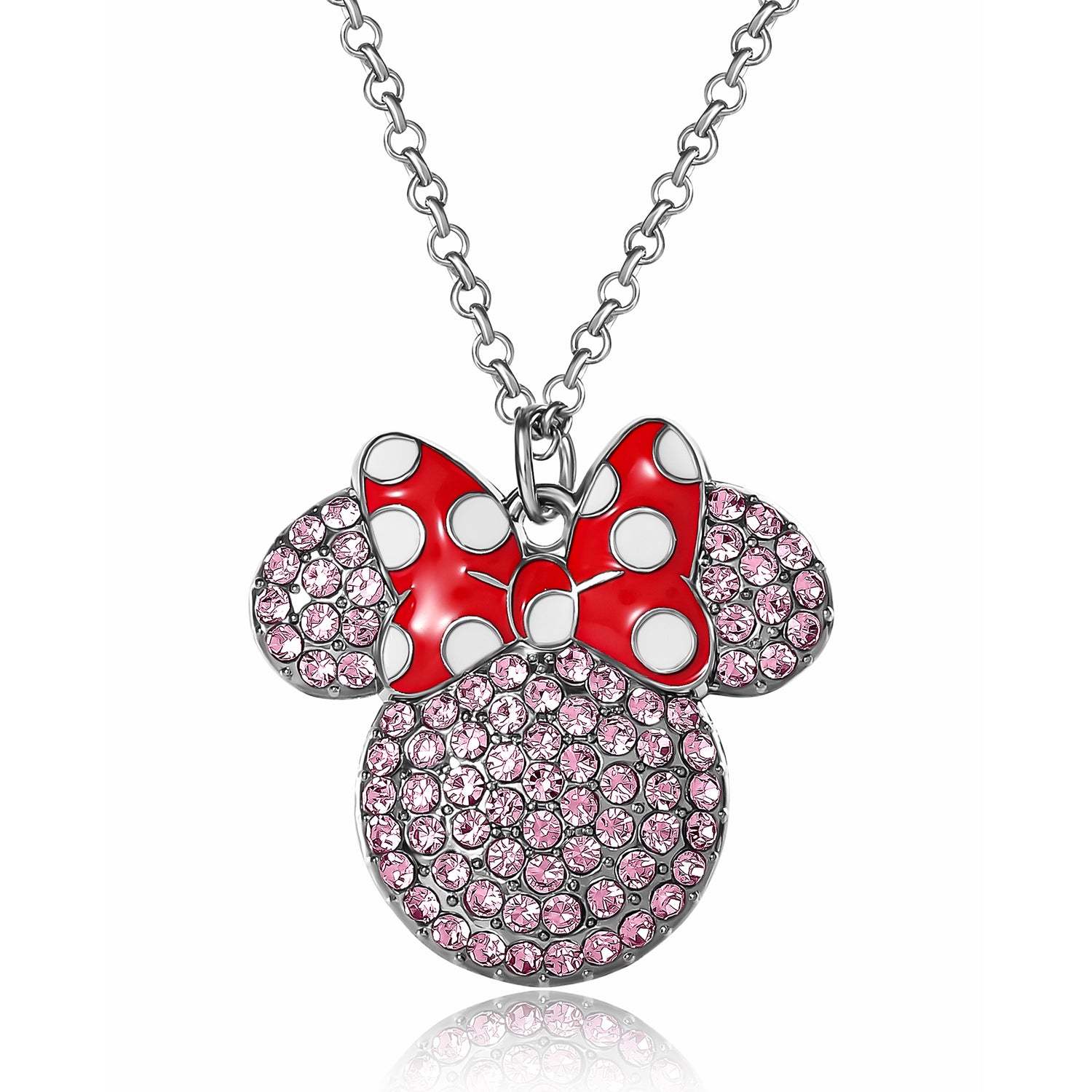 Disney Minnie Mouse Fashion Red Polka Dot Bow Crystals Pave Necklace