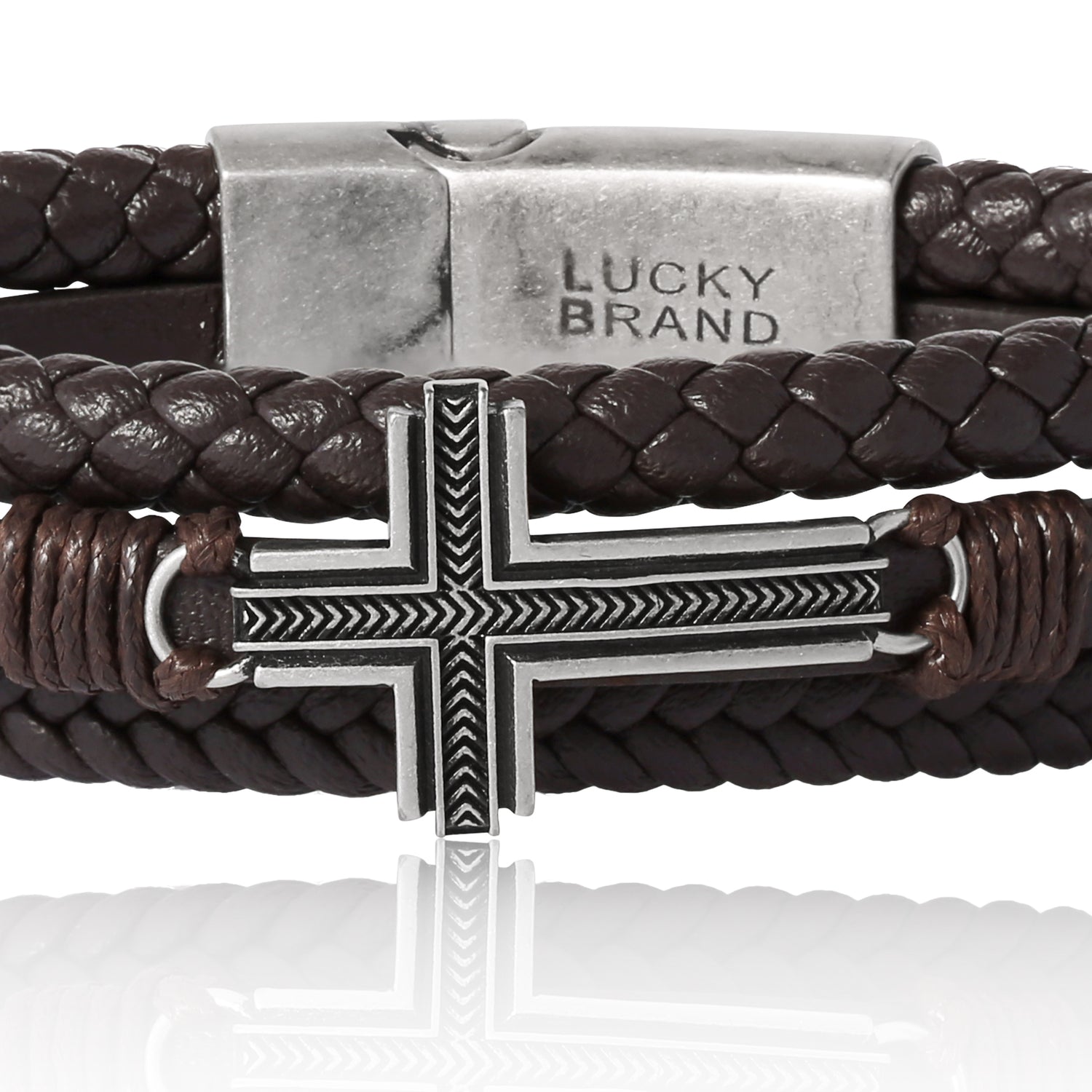 Lucky Brand Textured Cross Triple Row Brown Bracelet for Men 8.5", Antique Silver Flash-Plated, Cross Jewelry