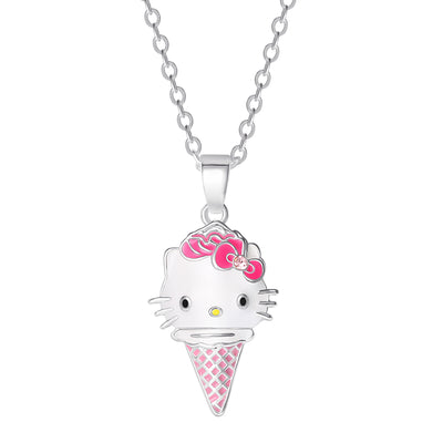 Brass Slv flash plated Enamel & Pink Crystal Hello Kitty Ice Cream Cone Pendant 16" +2" Chain