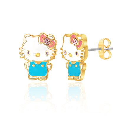 Brass Yg flash plated Hello Kitty Enamel & Pink Crystal Stud Earrings