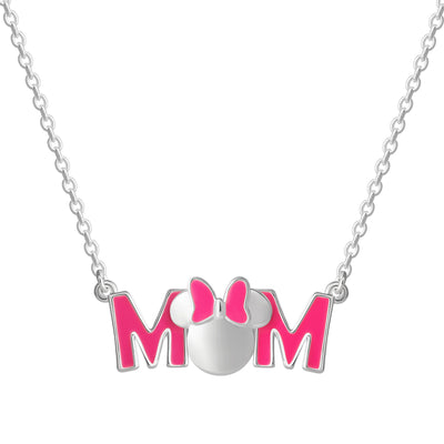 Brass Slv flash plated 18" Minnie Mouse Pink Enamel Bow "Mom" Pendant Necklace