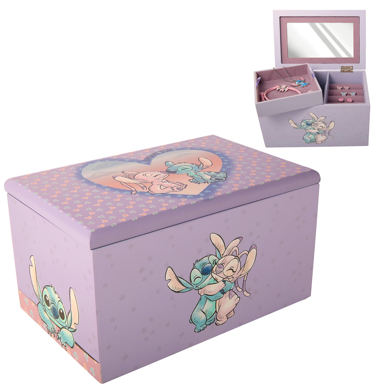 Disney Stitch and Angel Jewelry Box with Tray Official License, Wood Jewelry Organizer and Jewelry Case, Cute Gifts