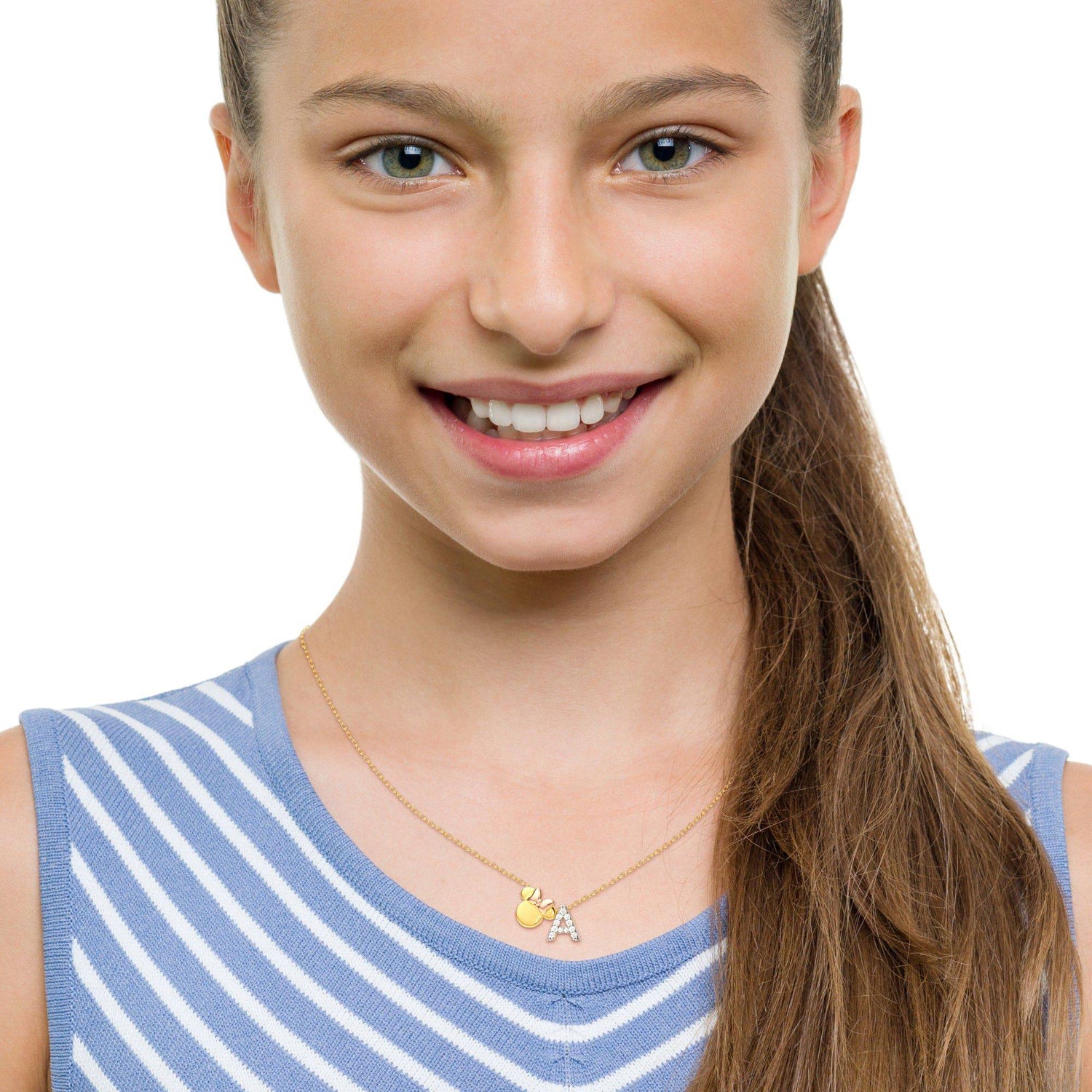 Image of a woman wearing with a blue top wearing a Limited-Edition Disney Minnie Mouse Initial Necklace with the letter A attached