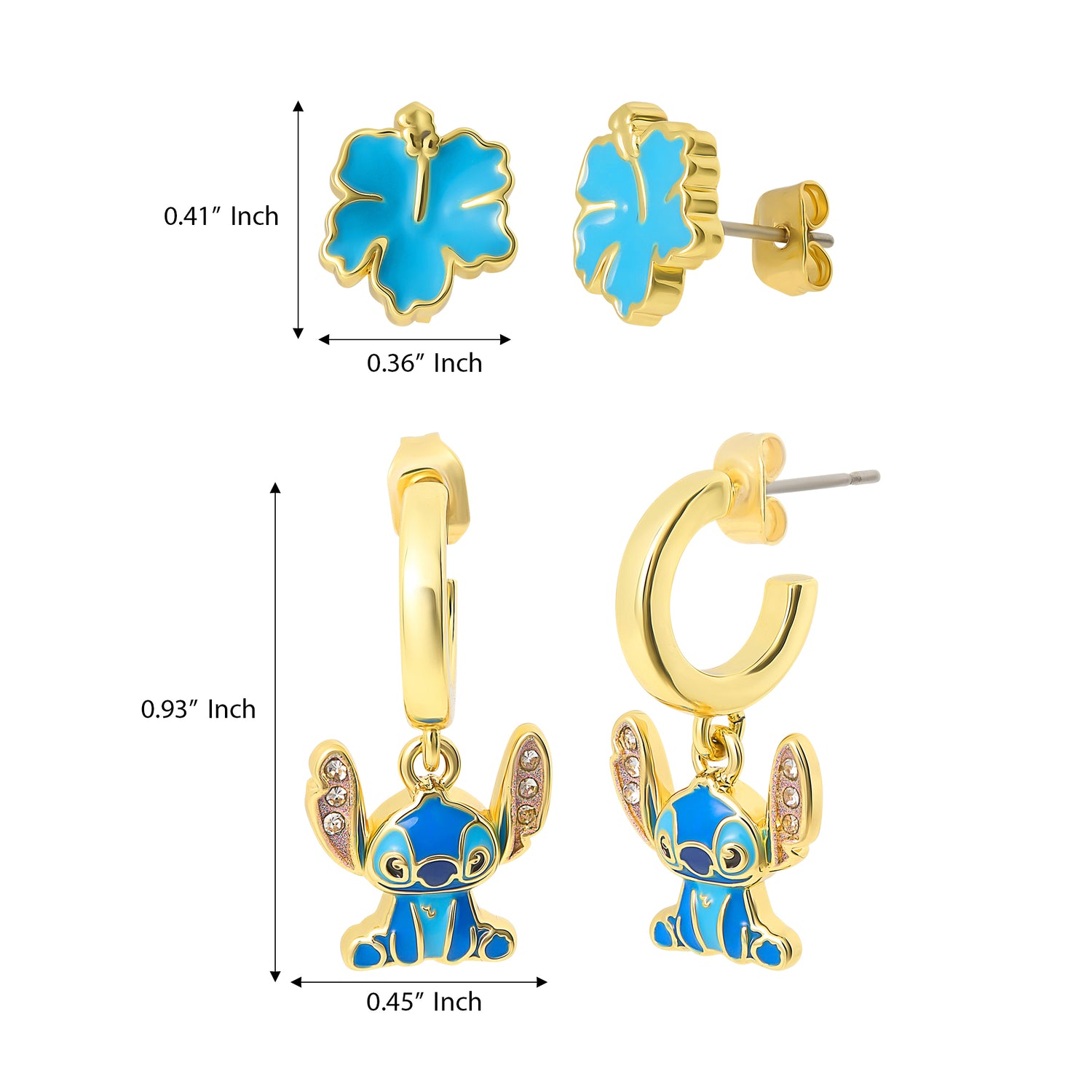 Disney Stitch Earrings 2-Pack, Hibiscus Studs and Stitch Charm Huggie Hoops