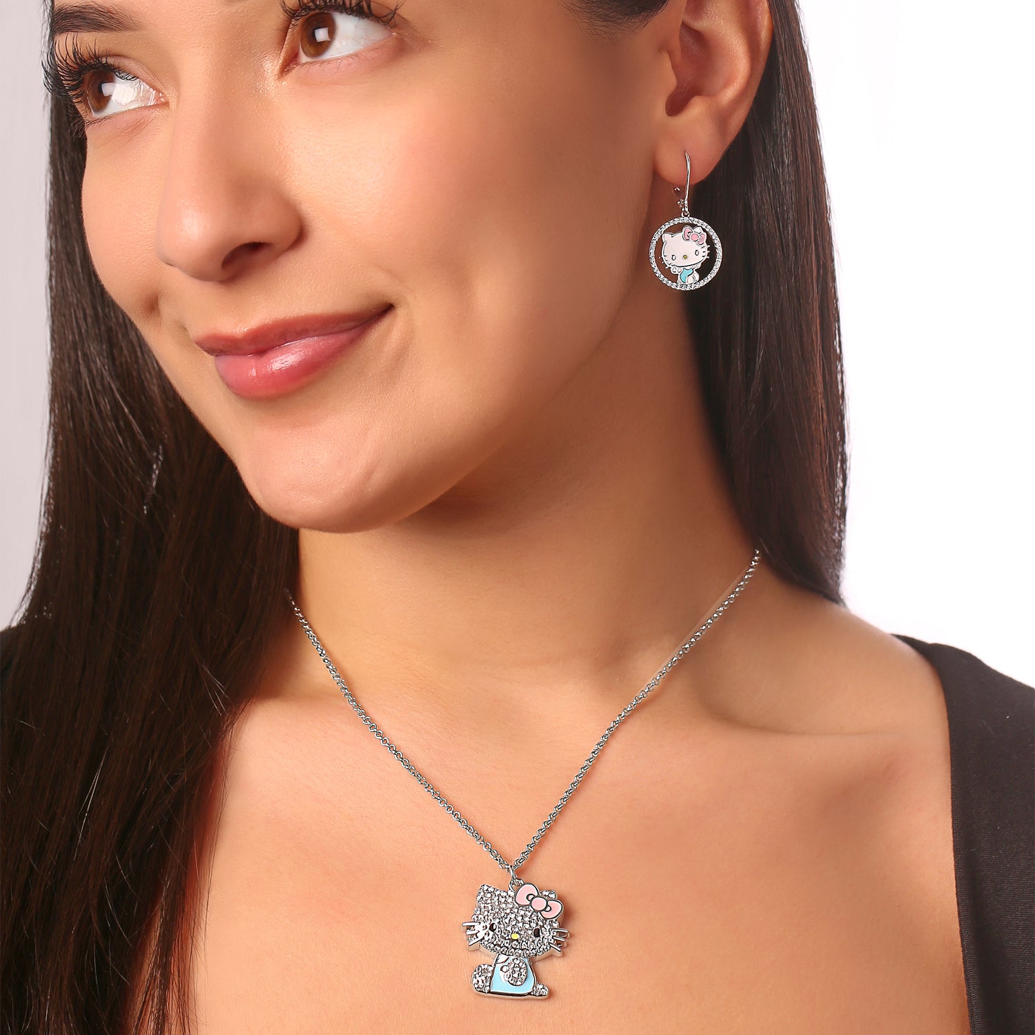 Hello Kitty Jewelry Drop Earrings for Women Official License, Sterling Silver and Cubic Zirconia Hello Kitty Earrings