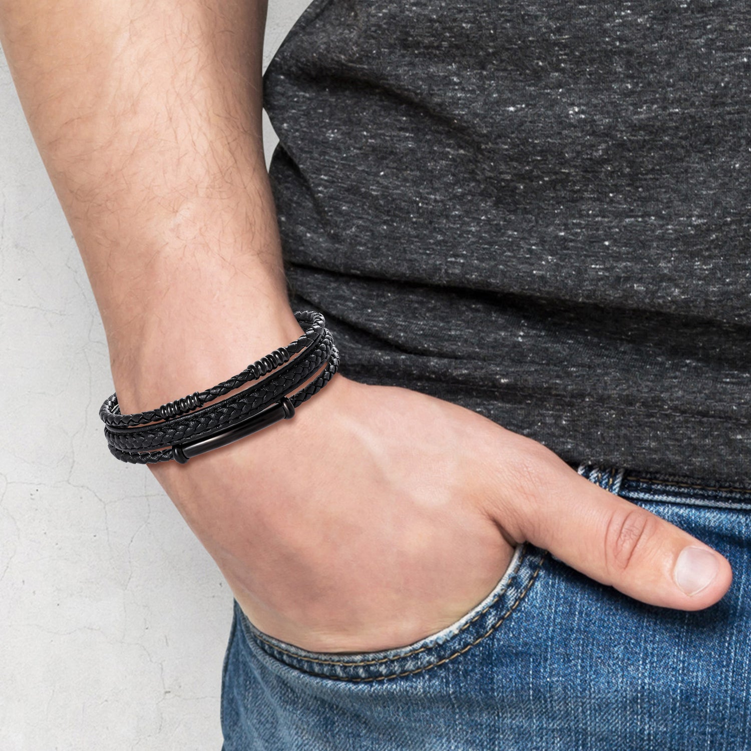 Lucky Brand Stainless Steel Triple Row Black Cord Bracelet - 8.25" - IP Black-Plated Finish