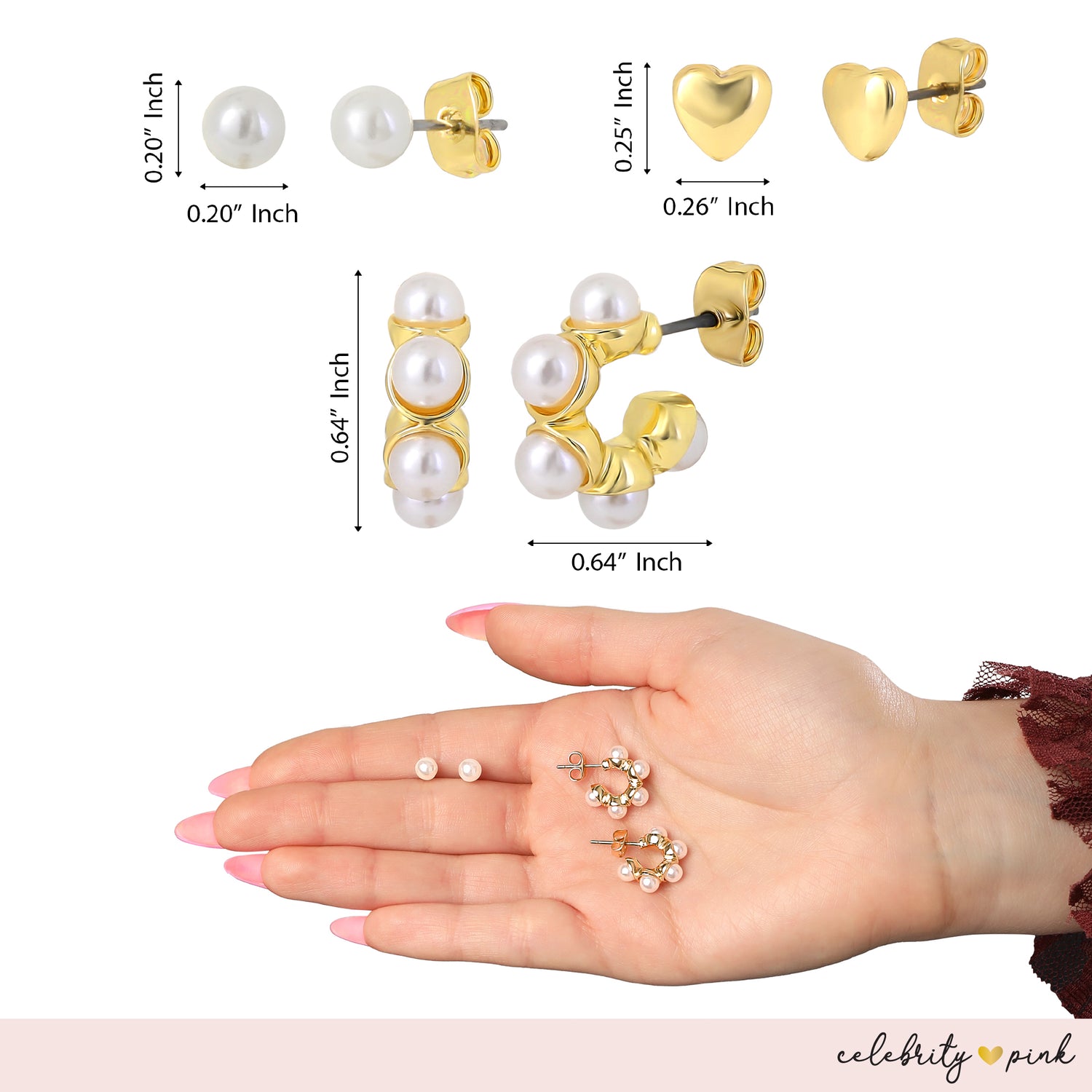 Celebrity Pink Womens Earrings Gold-Tone 6-Pack, Faux Pearl Studs and Hoops | 6-Pack, Faux Pearl Accents, Yellow Gold Tone, Heart Earrings, Feminine Jewelry