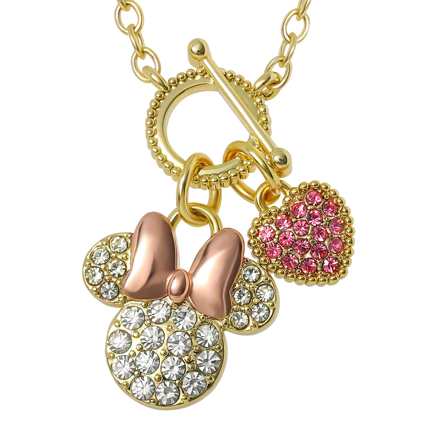 Disney Minnie Mouse Necklace 16" + 2", Gold Tone, Clear and Pink Crystals