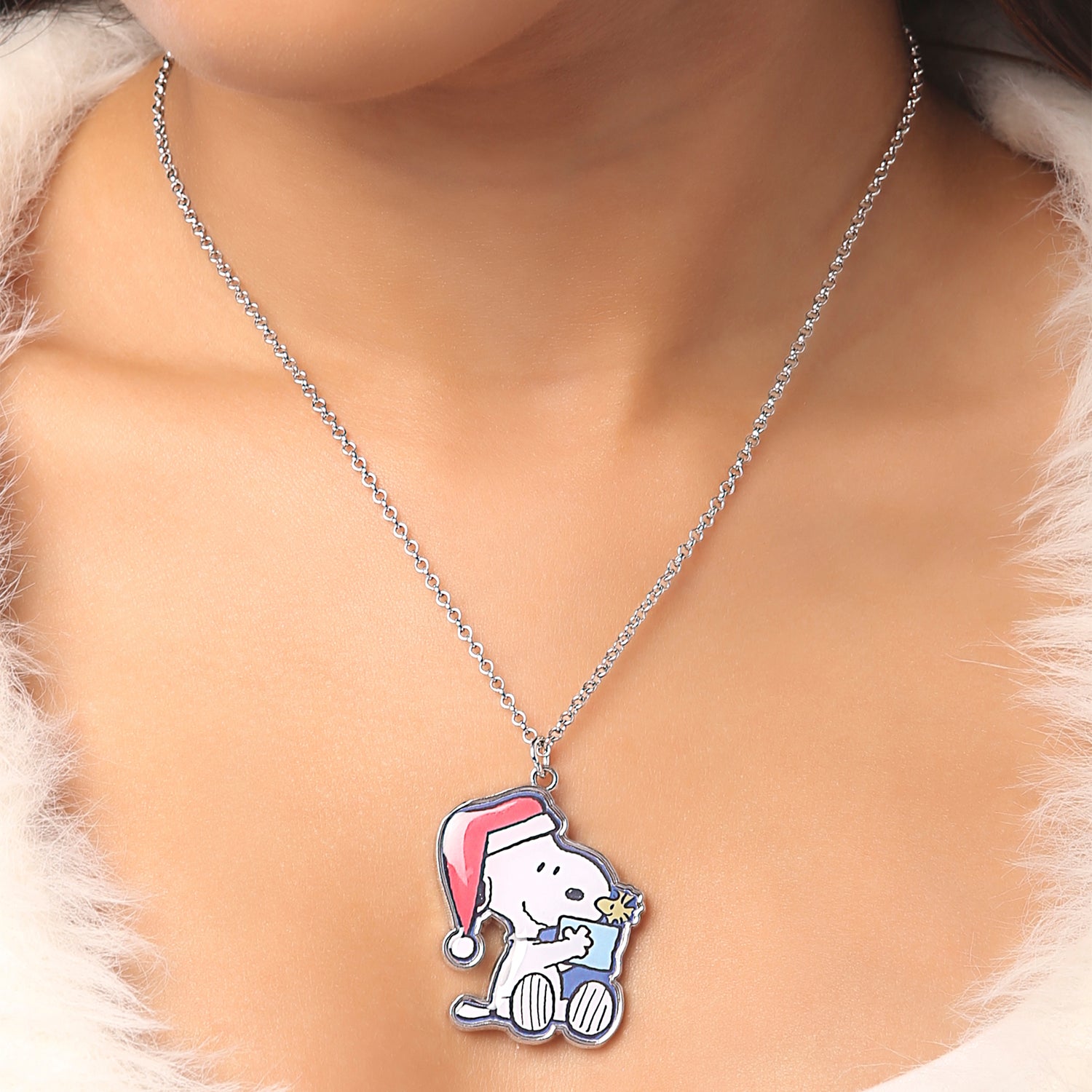 SALLY ROSE Peanuts Snoopy and Woodstock Christmas Necklace and Stud Earrings Set Official License, Fashion Earrings and 16"+2" Necklace