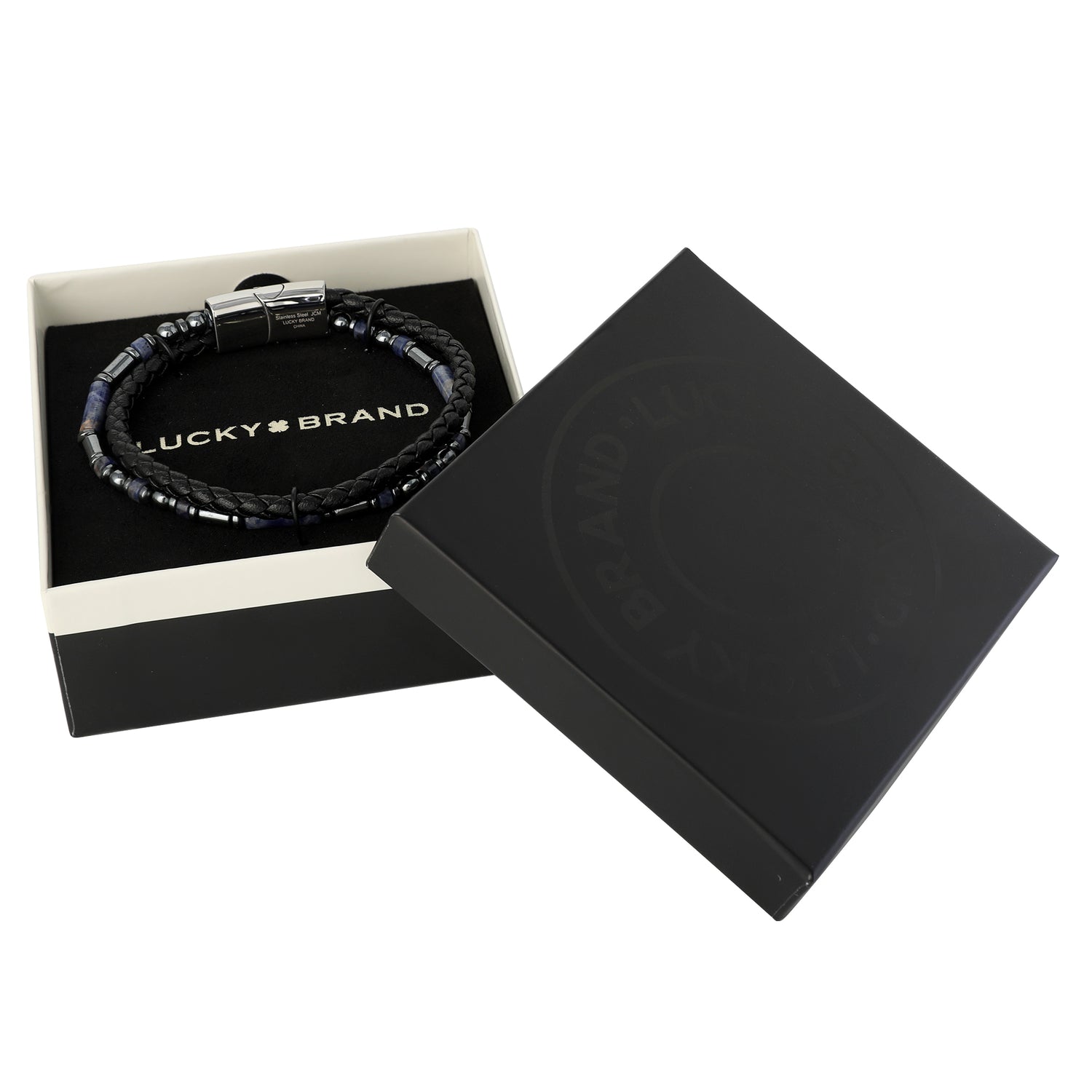 Lucky Brand Men’s Braided & Sodalite Bead 8.5'' Bracelet, Black/Blue, Magnetic Clasp