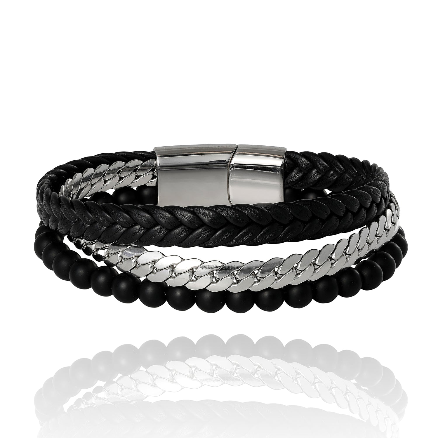 Lucky Brand Men’s 3‑Row Leather, Chain & Bead Bracelet, Black, Magnetic Clasp - 8.5''