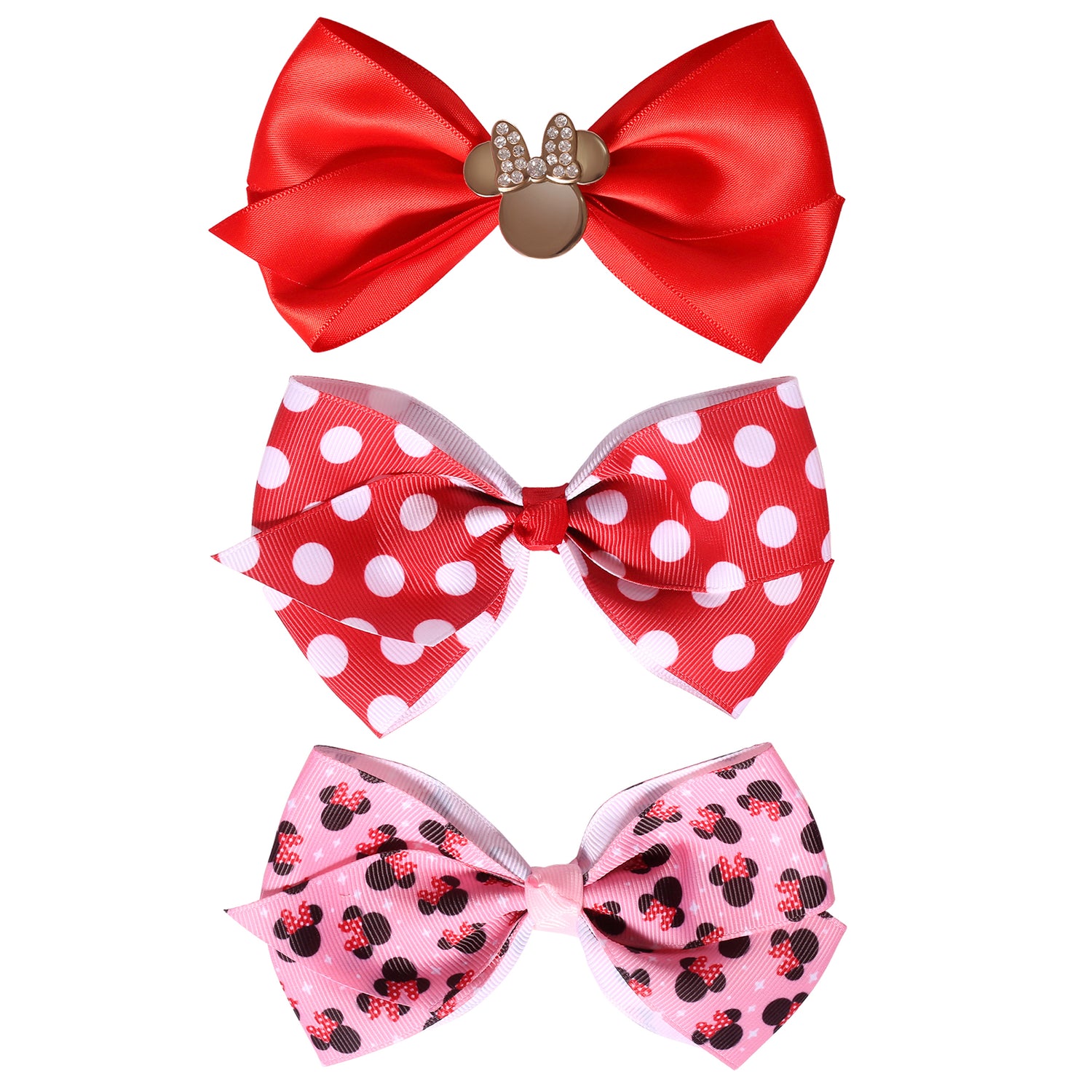 Minnie Mouse Bow for Hair 3-Piece Official License, Pink and Red Hair Bows