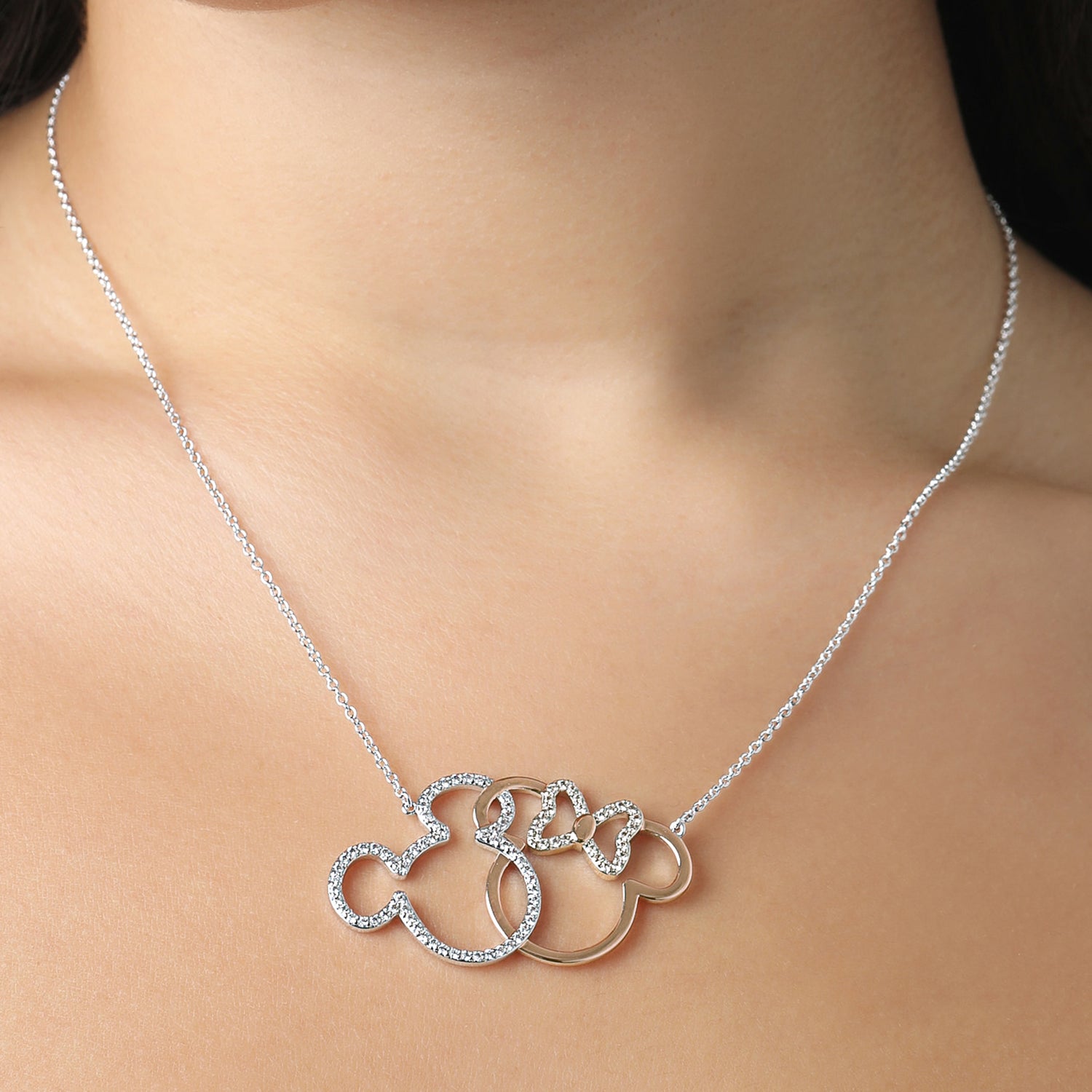 Minnie and Mickey Mouse Necklace for Women, Interlocked Two-Tone Pendant