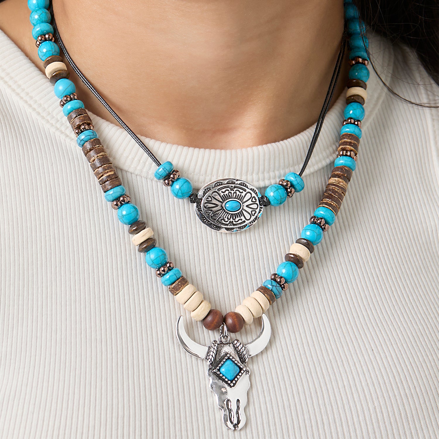 JS Jessica Simpson Beaded Layered Necklace in Turquoise and Amber Hues