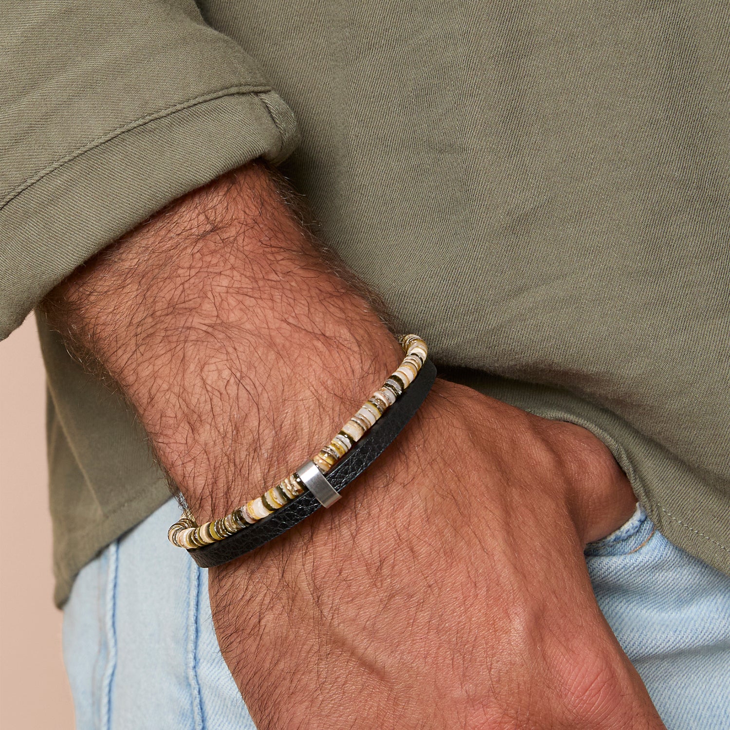 Lucky Brand Mens Layered Bracelet with Wood Beads and Strap
