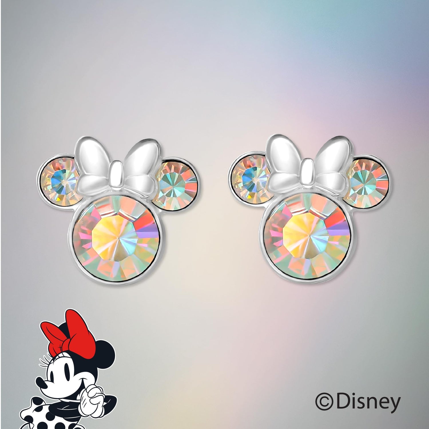Disney Womens Minnie Mouse Aurora Boreal Crystal Stud Earrings, Sterling Silver Stud Earrings Official License