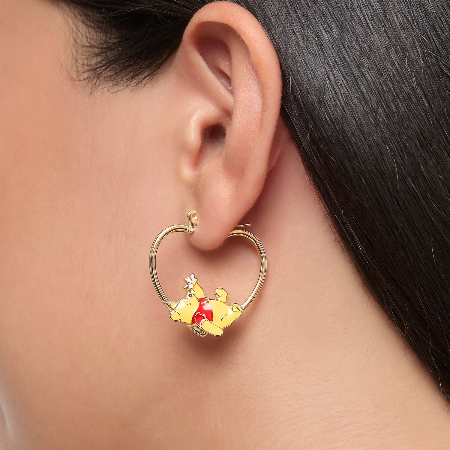Disney Winnie the Pooh Heart Hoop Earrings, Gold-Tone with Red Enamel