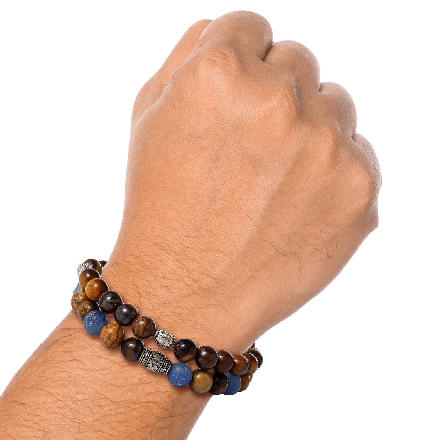 SALLY ROSE Lucky Brand Jewelry Mens Beaded Bracelets 2 Pcs, Stretch Mens Bracelets Beads 8mm Tigers Eye, Sodalite, and Picture Jasper