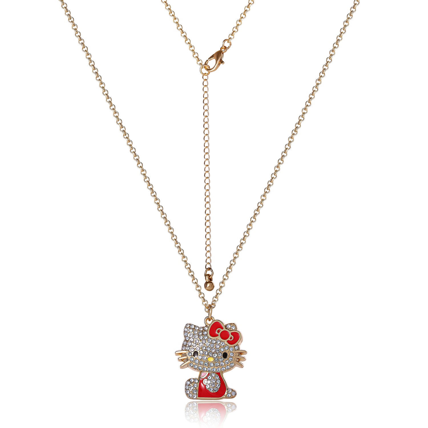 SALLY ROSE Hello Kitty Red Enamel and Pave Crystal Pendant Necklace Official License, Gold-Tone 16+3 Hello Kitty Necklace, Sanrio Gifts - Red