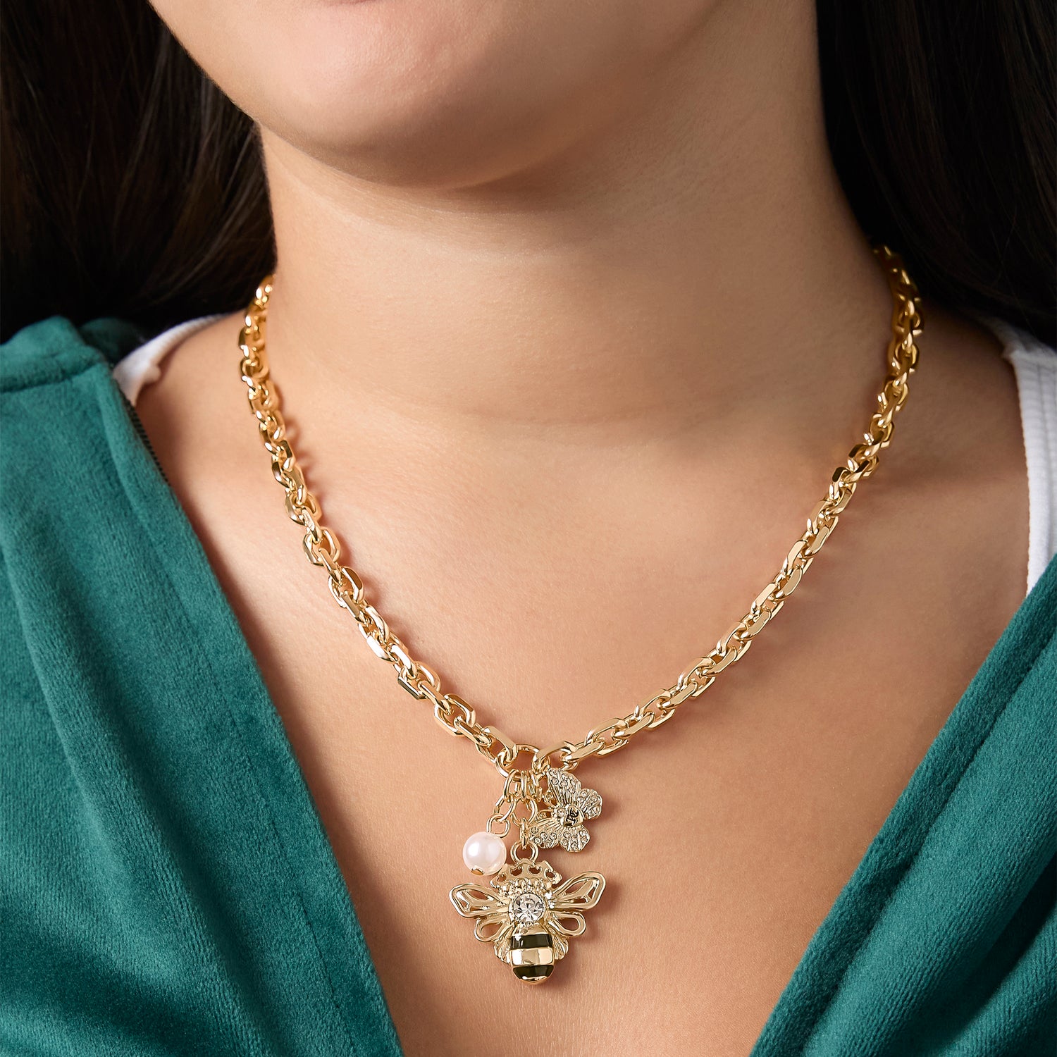 Juicy Couture Charm Cluster Bee Necklace, Gold‑Tone with Crystal Butterfly & Pearl Accents
