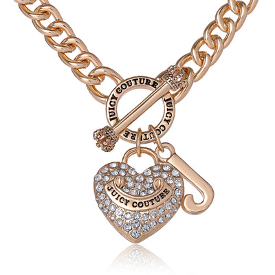 Juicy Couture Necklace Gold Tone 16"+2", Heart and Juicy Logo Charm Necklace for Women with Clear Stones