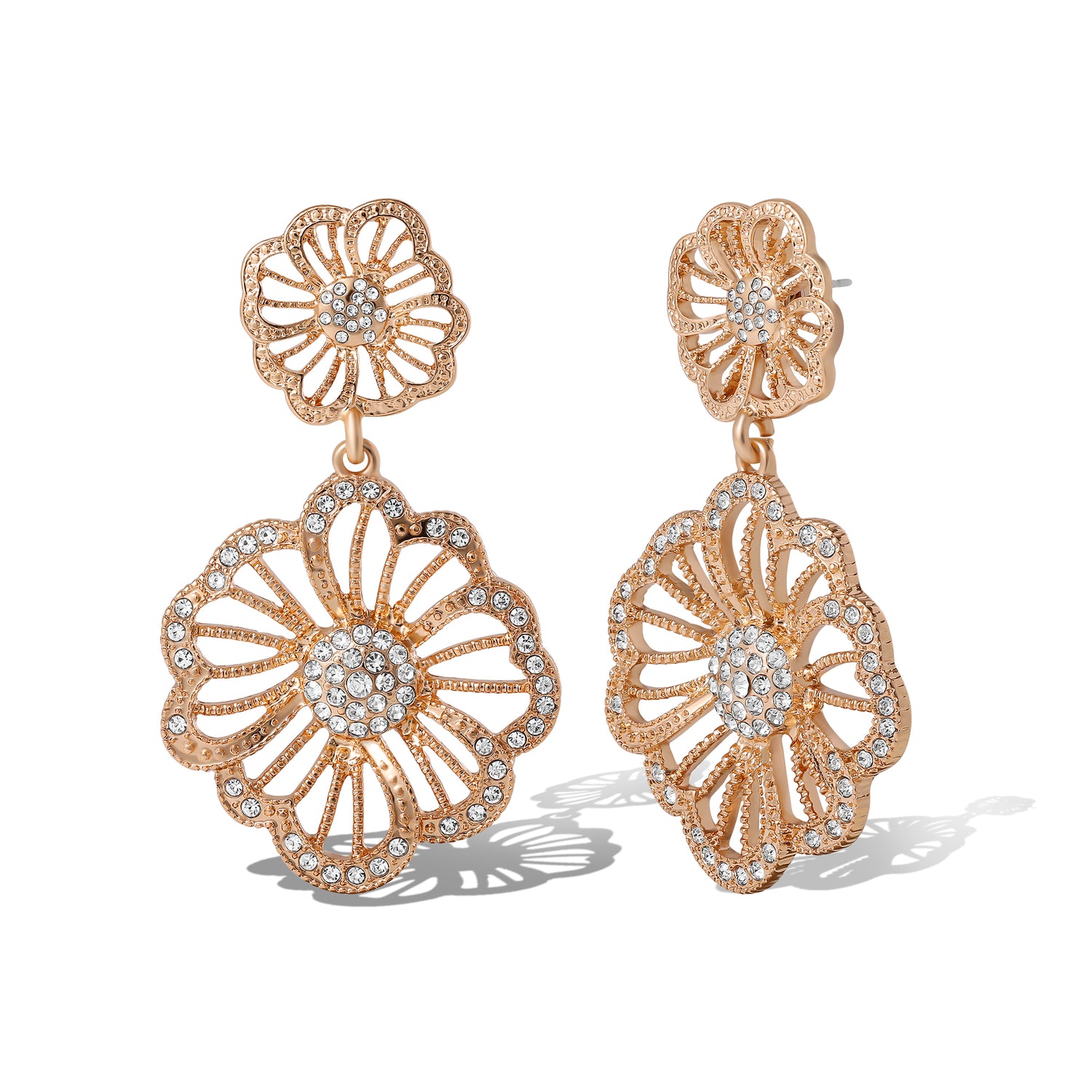 JS Jessica Simpson Gold-Tone Floral Drop Earrings with Pave Crystal Accents