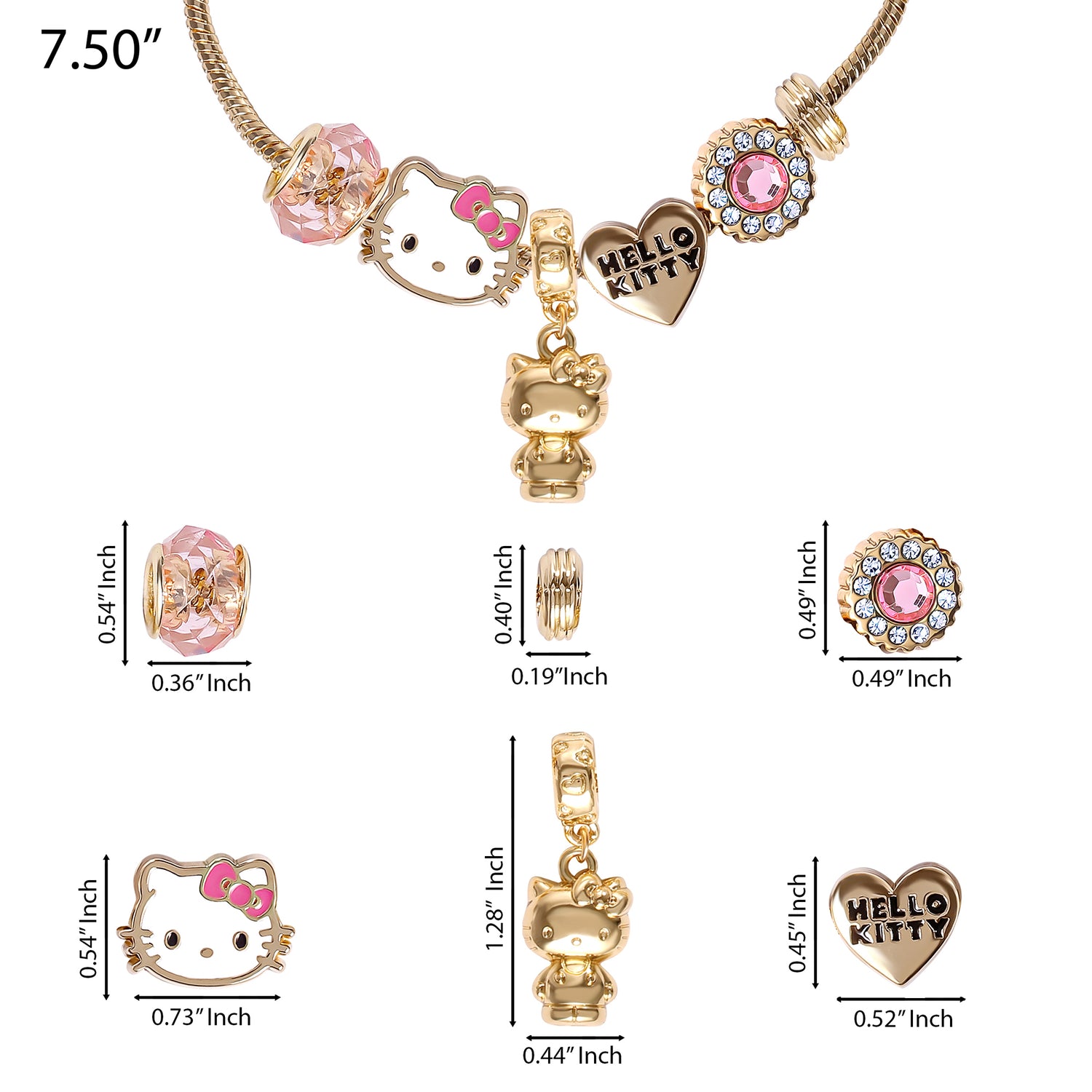 SALLY ROSE Hello Kitty Charm Bracelet for Women, 7" Gold-Tone Sanrio Bracelets with 6 Unique Charms Official License