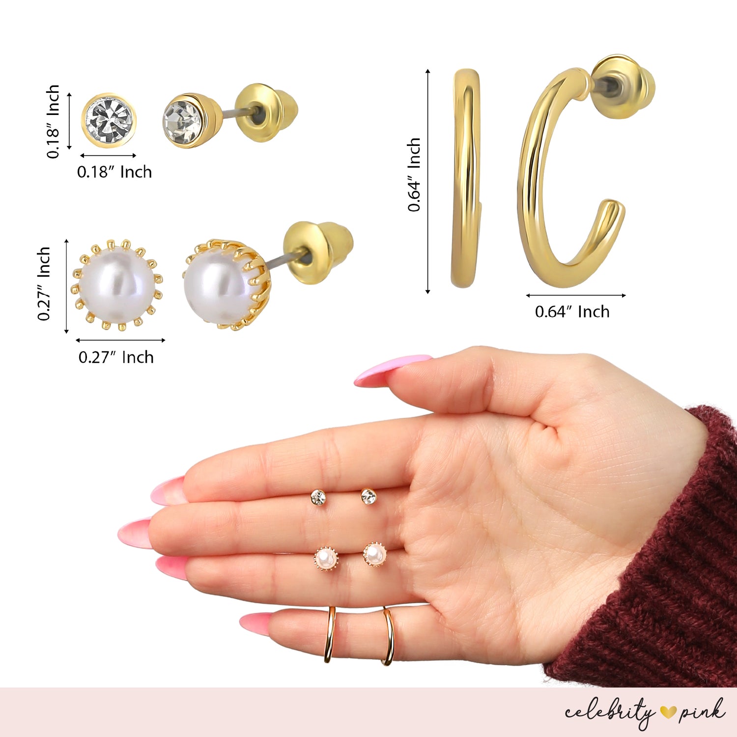 Celebrity Pink Embellished Gold-Tone Hoops and Stud Earrings Pack of 6 | 6-Pack, Small Hoops and Stud Earrings with Pearl and Rhinestone Accents