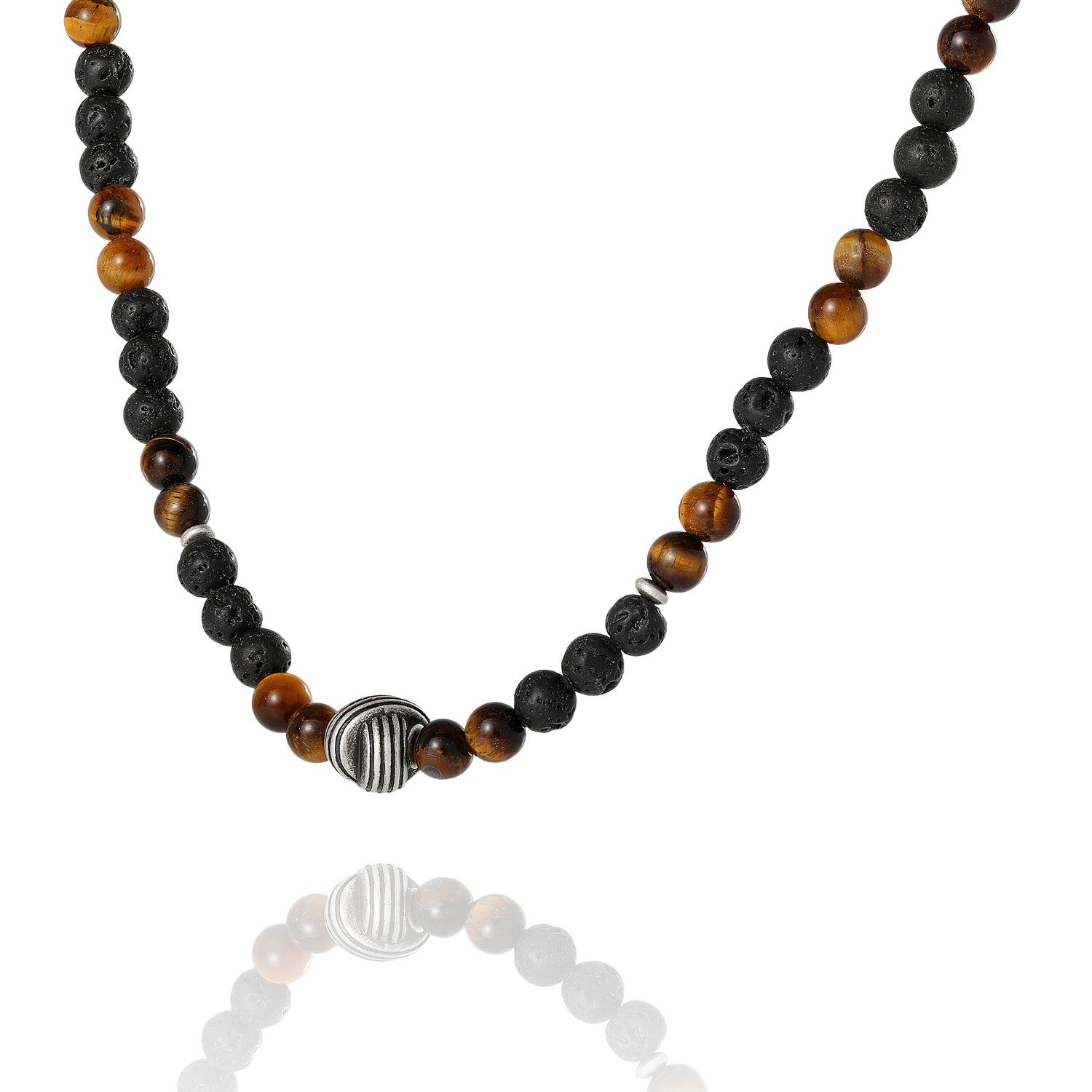 Lucky Brand Men’s Lava Rock & Tiger Eye Beaded Necklace, Silver‑Tone Center Bead