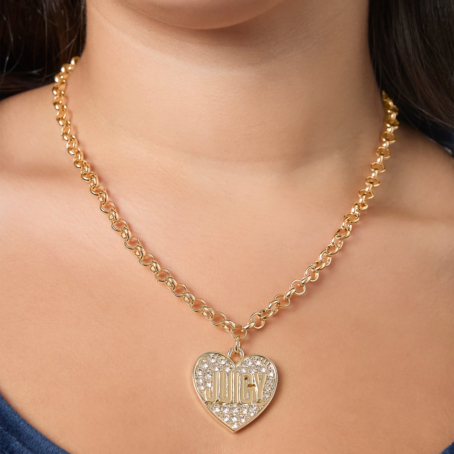 Juicy Couture Pave Logo Heart Necklace, 18"+2" Gold-Tone JUICY Necklace for Women with Glass Stones