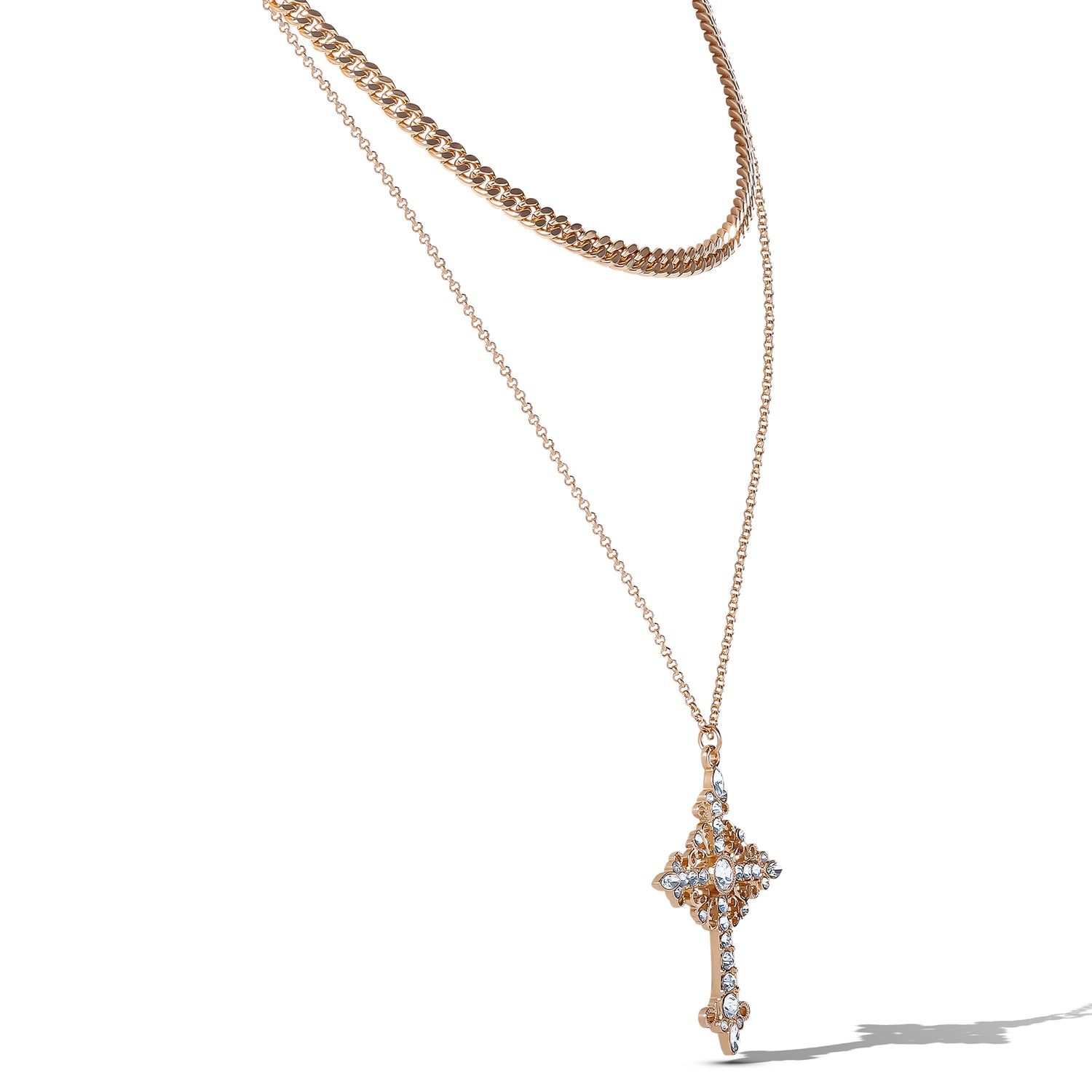JS Jessica Simpson Gold-Tone Rhinestone Cross and Curb Chain Necklace Set
