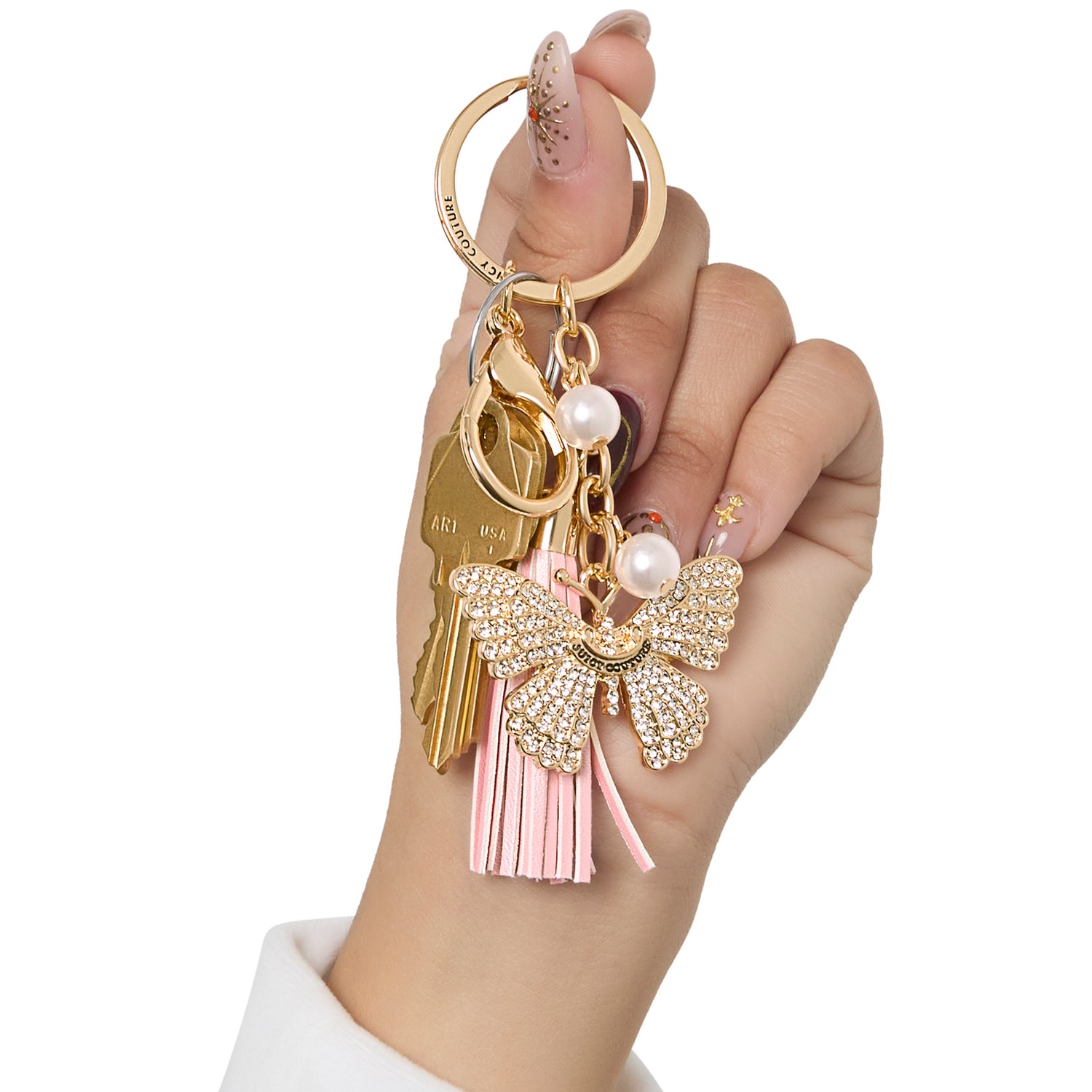 Juicy Couture Butterfly Crystal Keychain With Pink Tassel & Faux Pearls