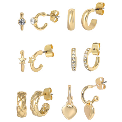 Celebrity Pink Gold-Tone Hoop Earrings for Women 6-Pack with Rhinestones | Small Hoops Yellow Gold-Tone, Rhinestone Accents, Dangling Heart Charm, Star Pendant, Huggie Earrings, 6 Different Pairs
