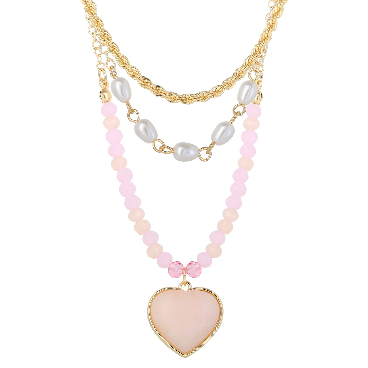 Celebrity Pink Heart Necklaces for Women 3-Piece Set Gold-Tone, Pink Beads