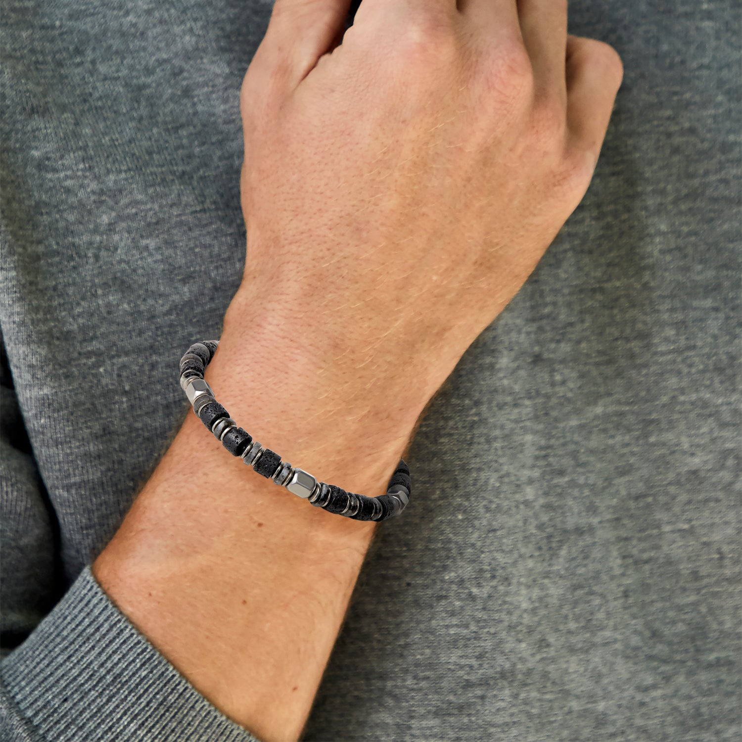Lucky Brand Stretch Beaded Bracelets for Men, Lava, Hematite & Labradorite