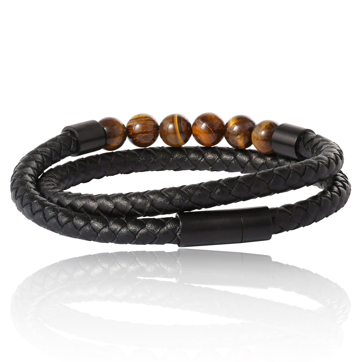 Lucky Brand Braided Cord Men's Bracelet with Tiger's Eye Beads, Stainless Steel Bracelet, Male Jewelry