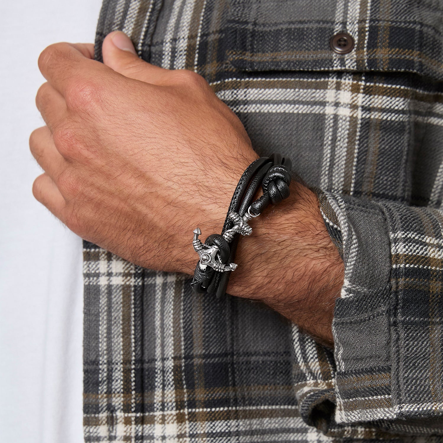 Lucky Brand Mens Black Anchor Wrap Bracelet with Adjustable Fit