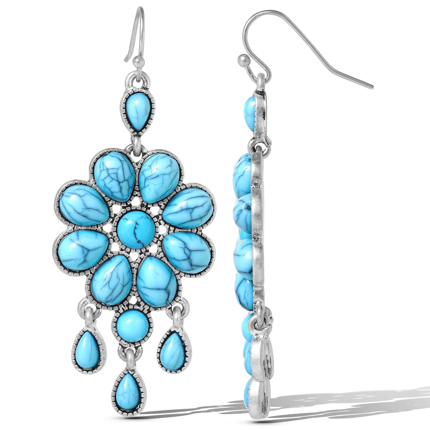 Jessica Simpson Silver-Tone Turquoise Statement Drop Earrings – Bohemian Chic Floral Design