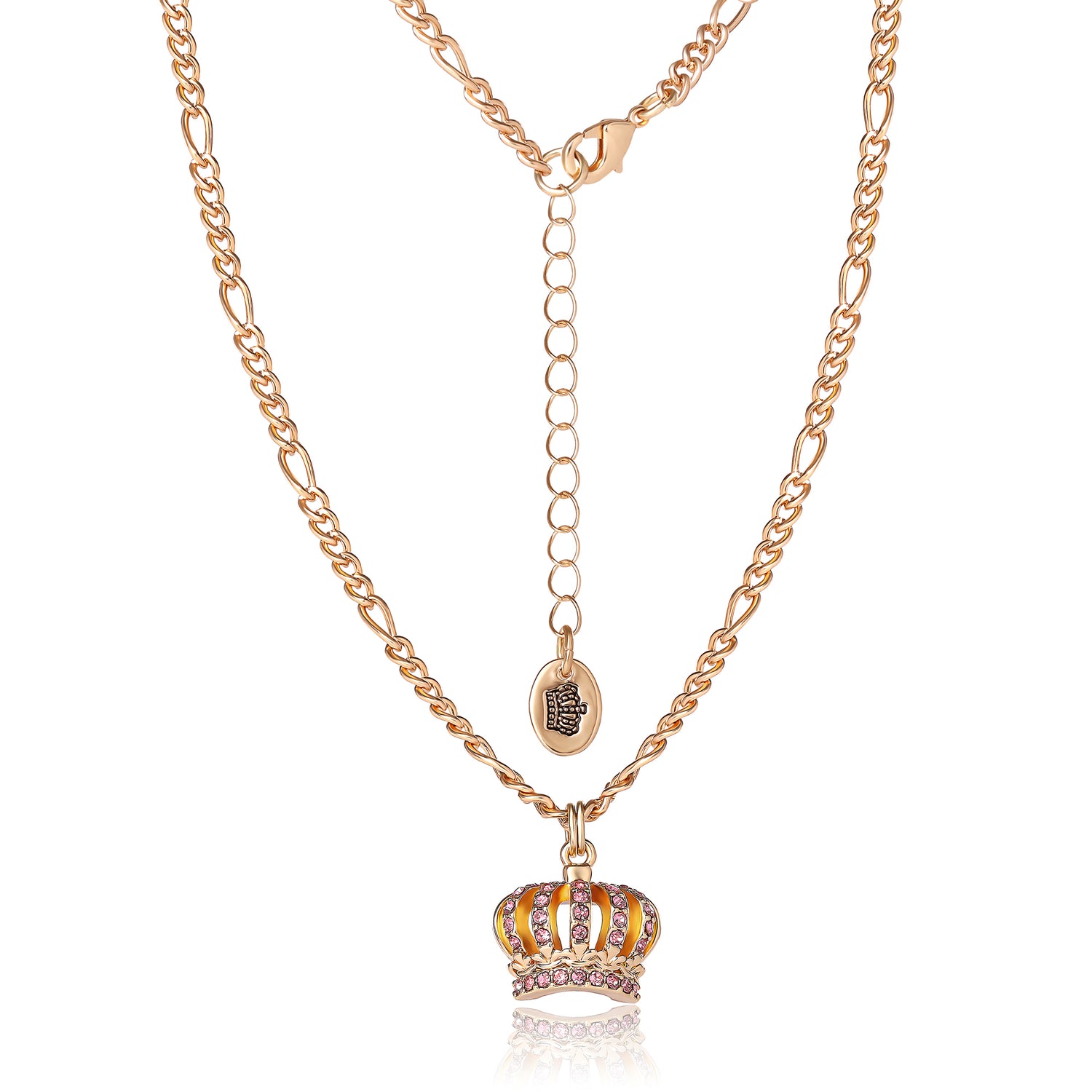 Juicy Couture Necklace and Crown Stud Earrings for Women with Pink Crystals, Gold Tone Jewelry Set