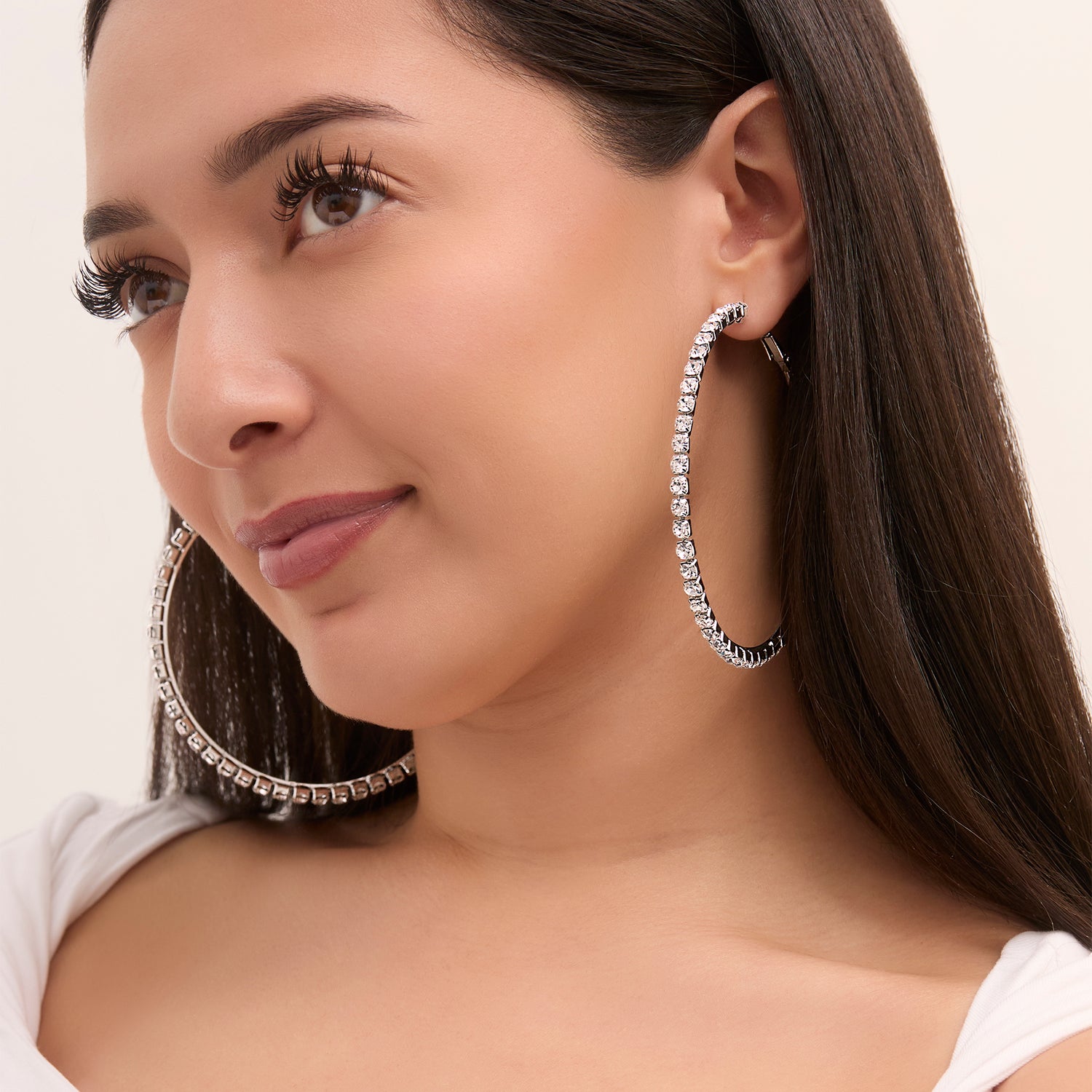 Jessica Simpson Women's Large Hoop Earrings with Crystal Embellishments, Thin Hoop Earrings for Women, Silver Hoops