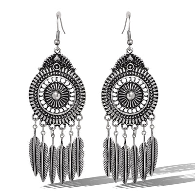 Jessica Simpson Boho Feather Statement Drop Earrings in Antique Silver