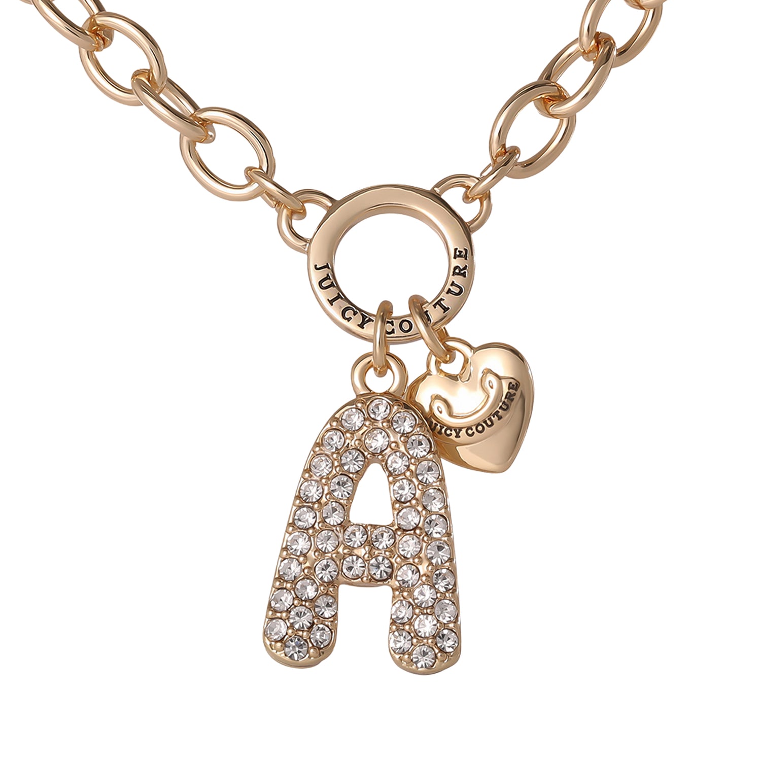 Juicy Couture Bubble Letter Necklace for Women with Clear Stones 18"+2", Chunky Initial Necklace Gold-Tone - J