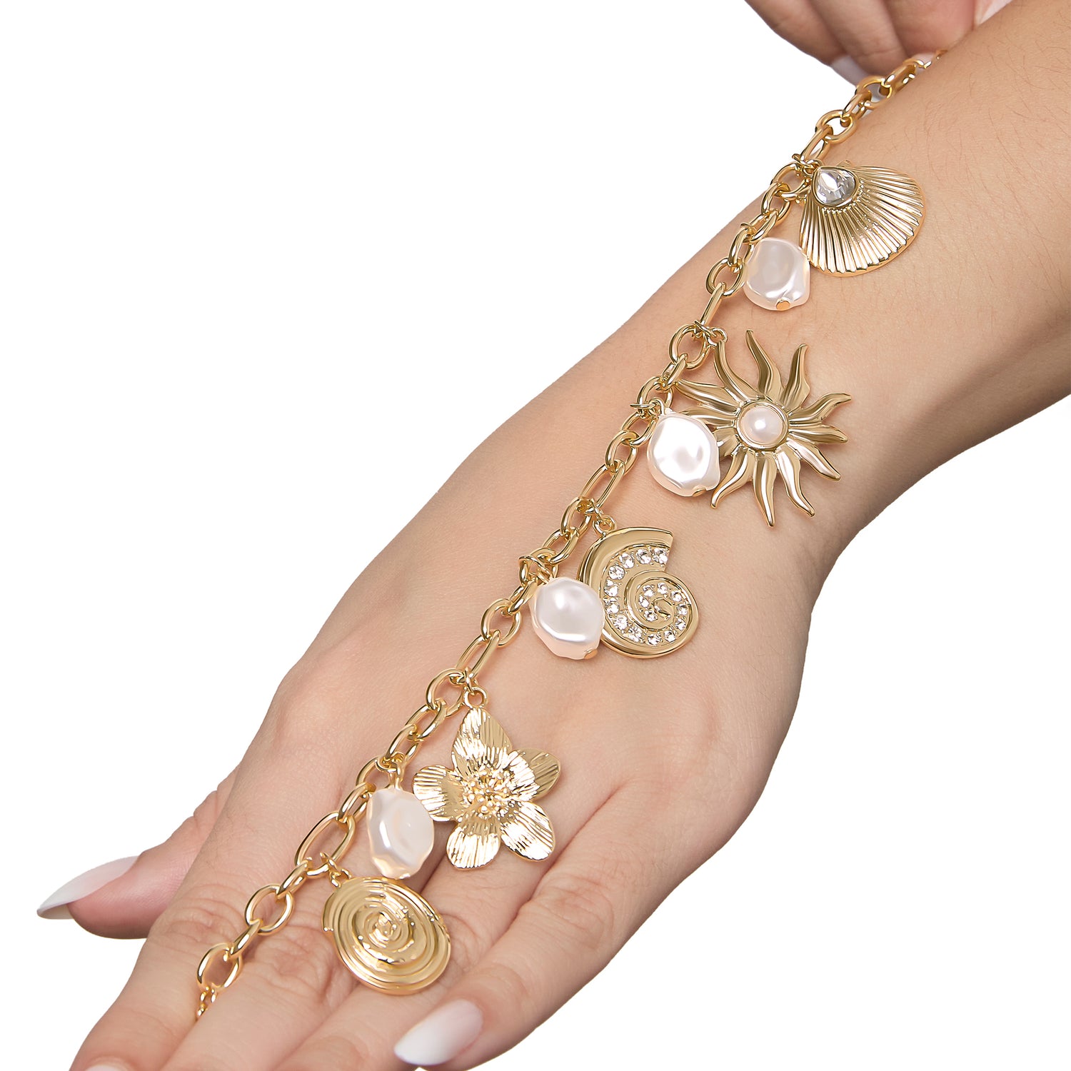 Jessica Simpson Gold-Tone Celestial Charm Bracelet with Imitation Pearls, Adjustable