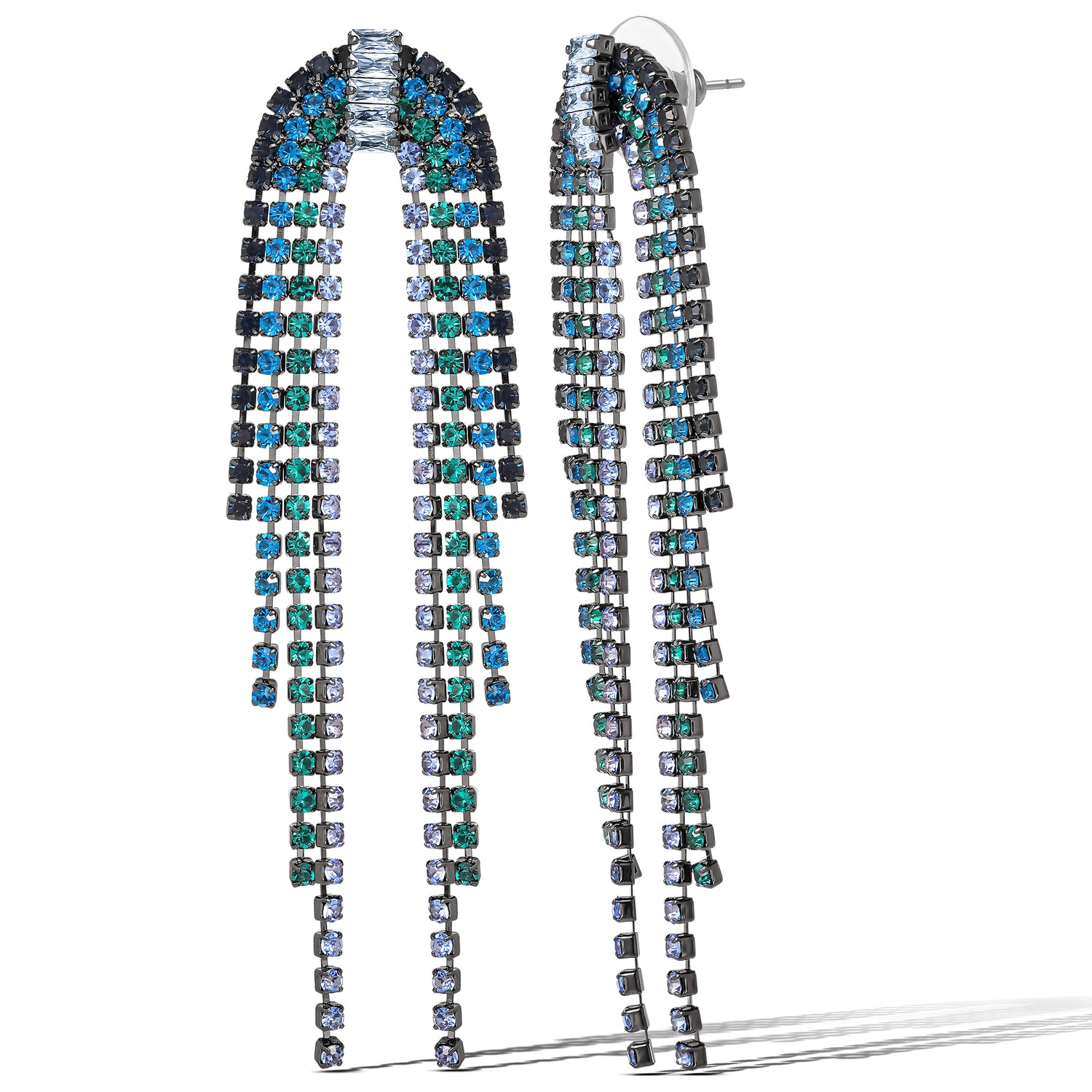 Jessica Simpson Dark Teal Rhinestone Cascading Fringe Earrings - Statement Long Dangle Earrings
