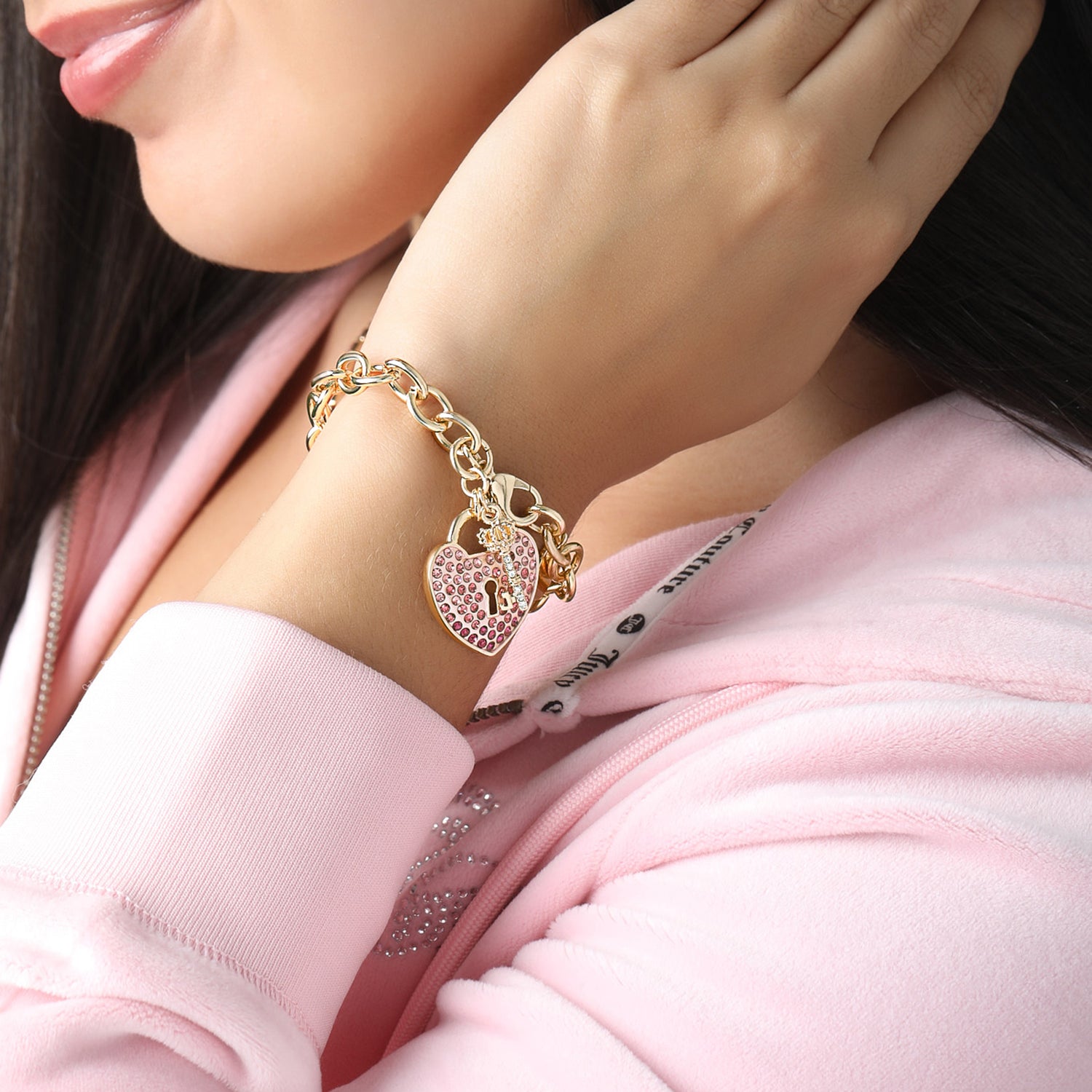 Juicy Couture Heart Padlock and Key Charm Bracelet, Ombre Pink Crystals