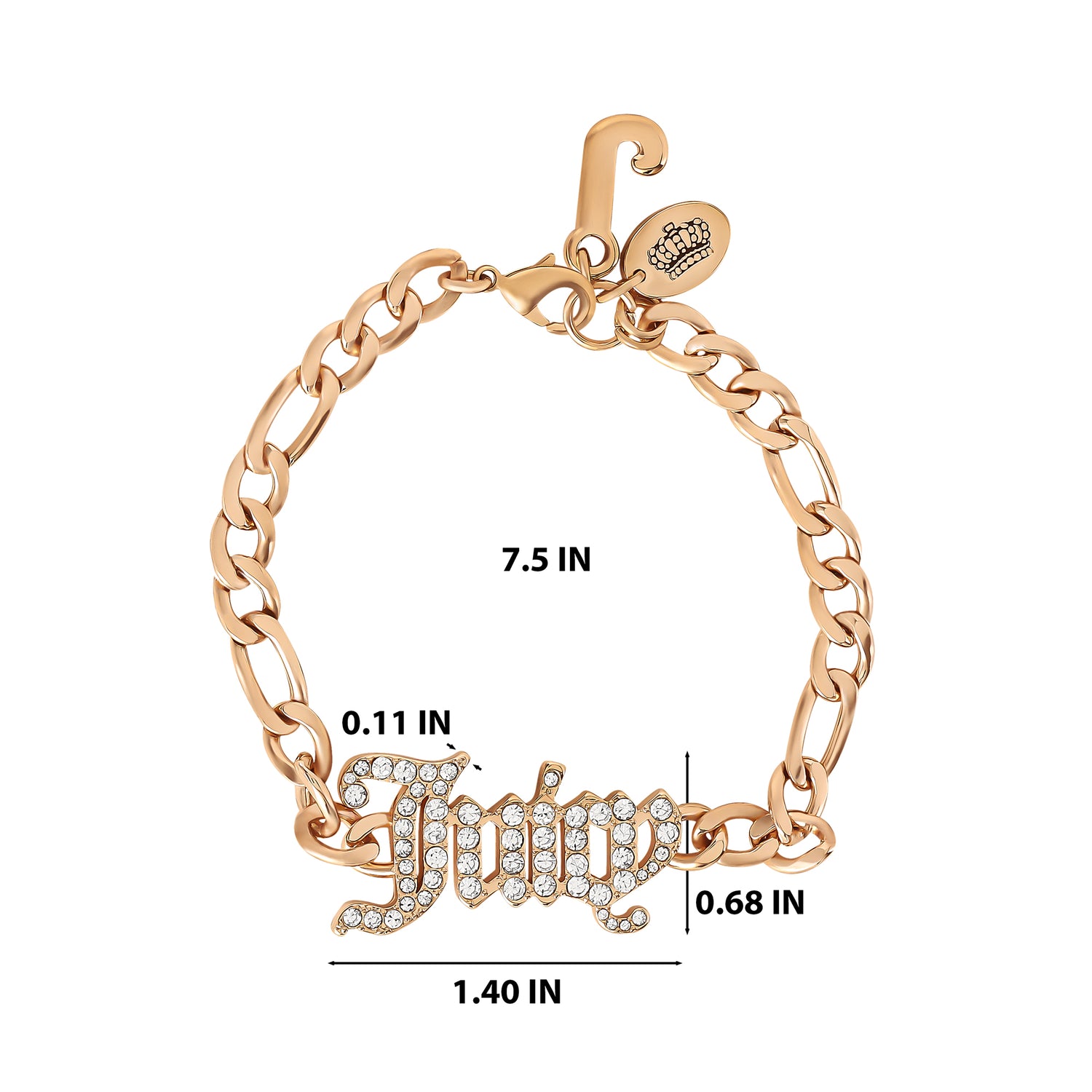 Juicy Couture Gothic Logo Pendant Bracelet for Women 7.5", Gold-Tone Juicy Bracelet with Logo Charms and Clear Stones